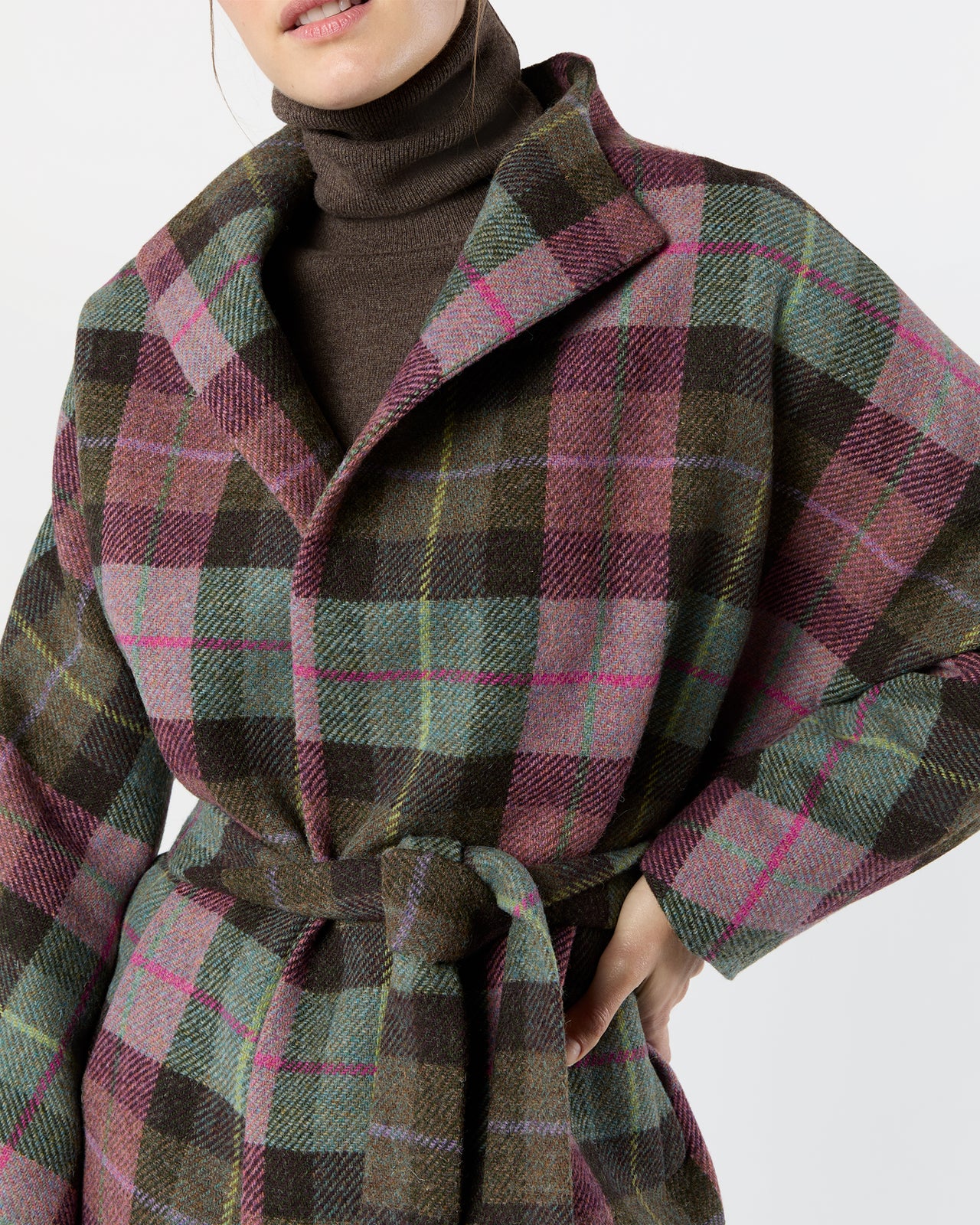 Kimono Carina Coat in Pink/Loden Blanket Plaid Harris Tweed