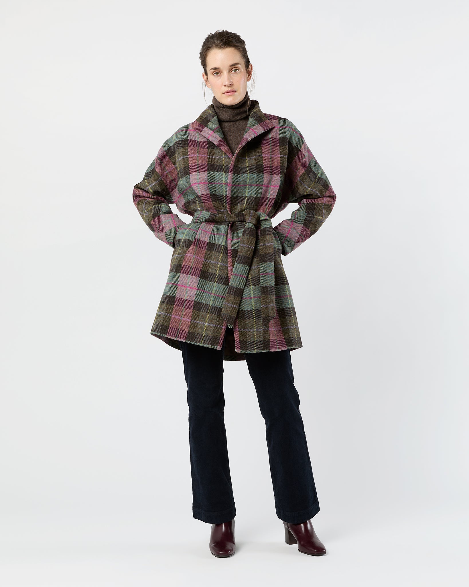 Kimono Carina Coat in Pink/Loden Blanket Plaid Harris Tweed