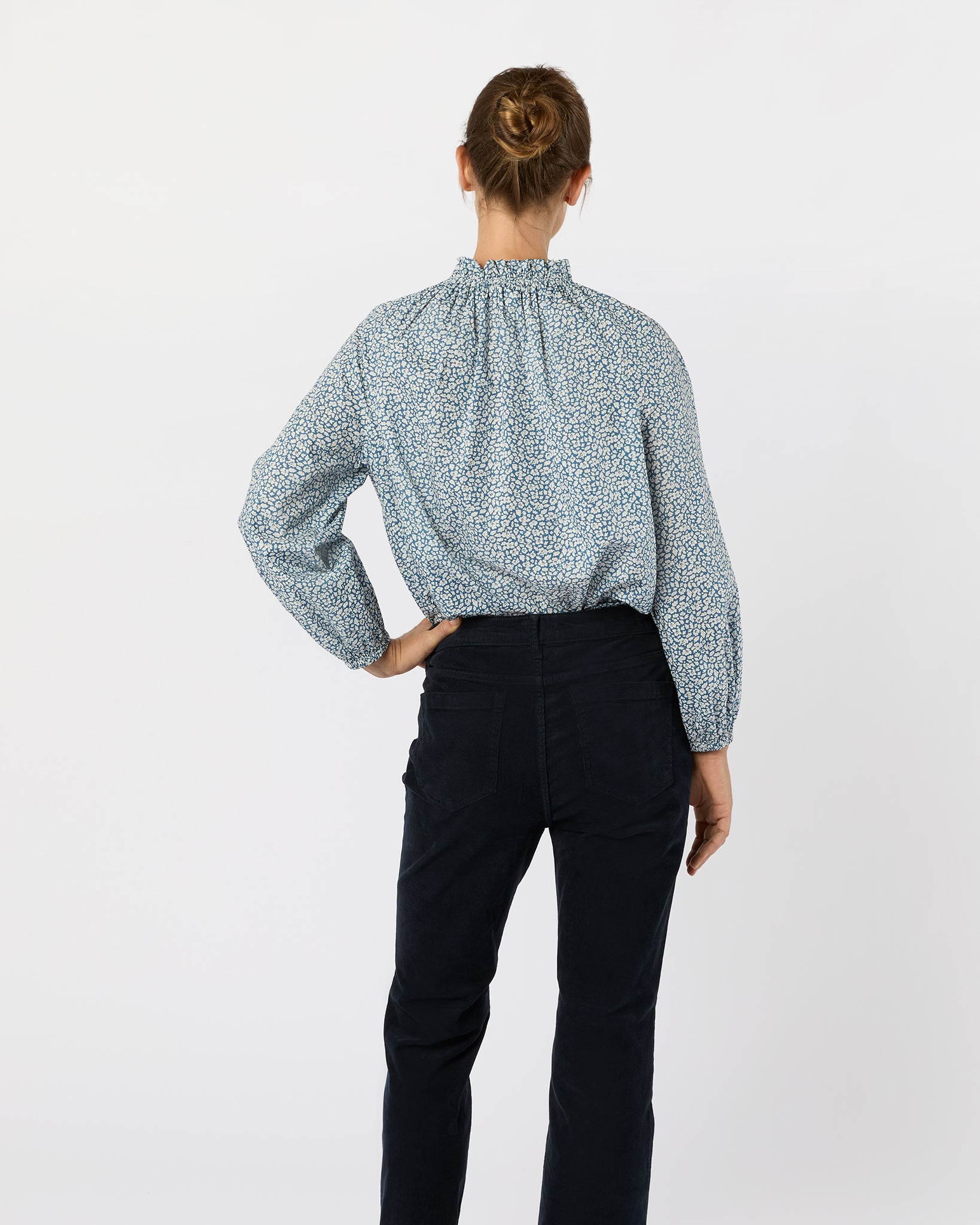 Kamille Blouson-Sleeve Top in Blue Feather Meadow Liberty Fabric