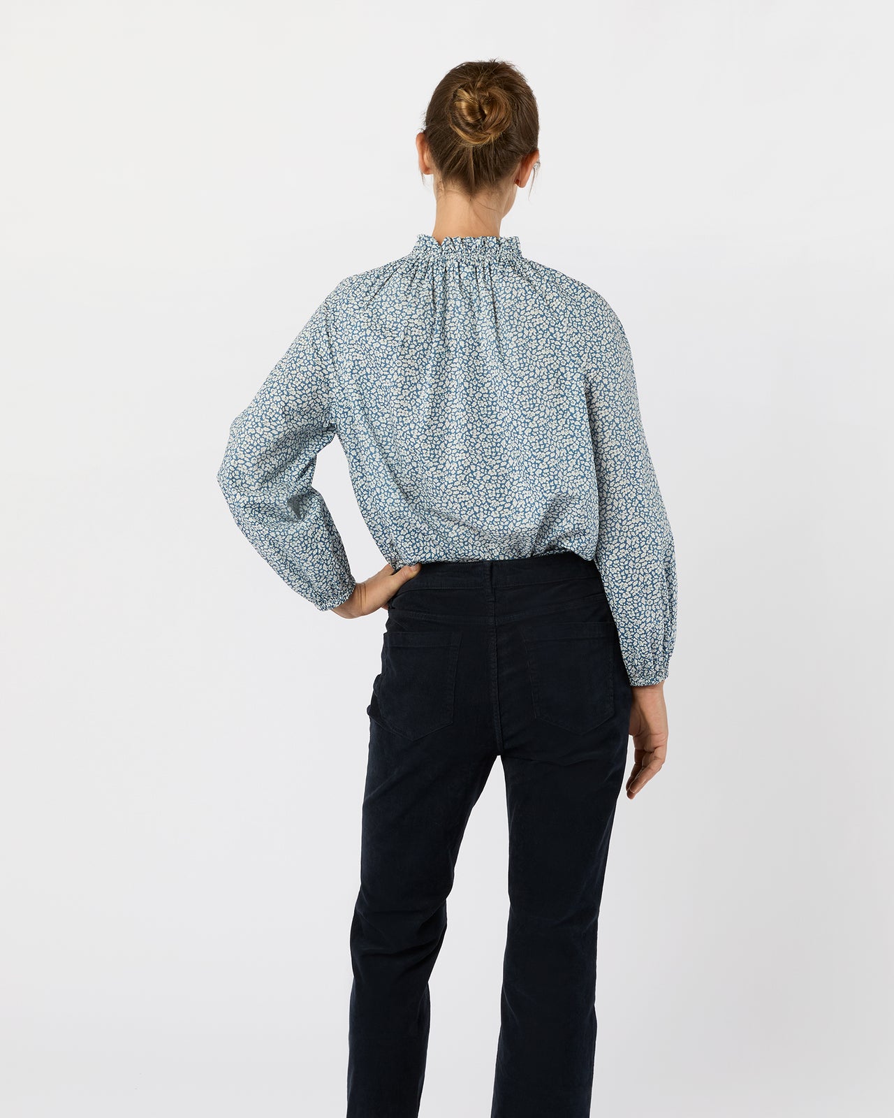 Kamille Blouson-Sleeve Top in Blue Feather Meadow Liberty Fabric
