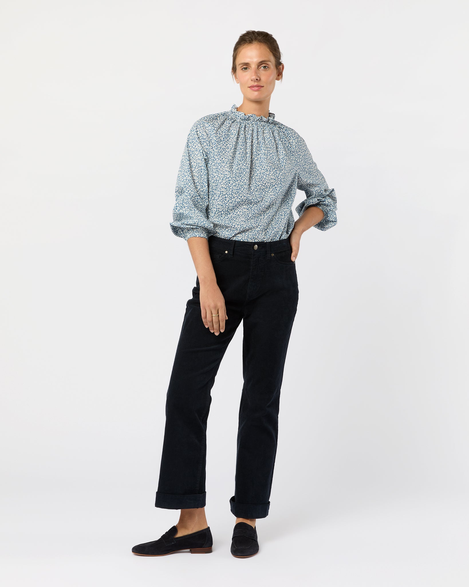 Kamille Blouson-Sleeve Top in Blue Feather Meadow Liberty Fabric