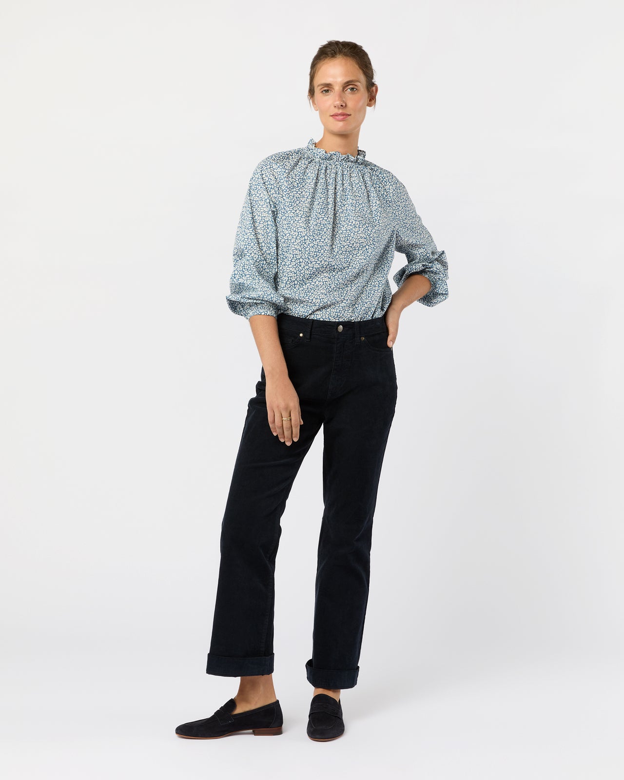 Kamille Blouson-Sleeve Top in Blue Feather Meadow Liberty Fabric