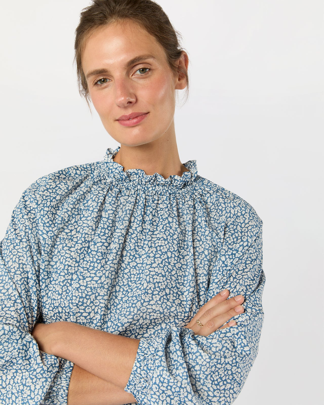 Kamille Blouson-Sleeve Top in Blue Feather Meadow Liberty Fabric