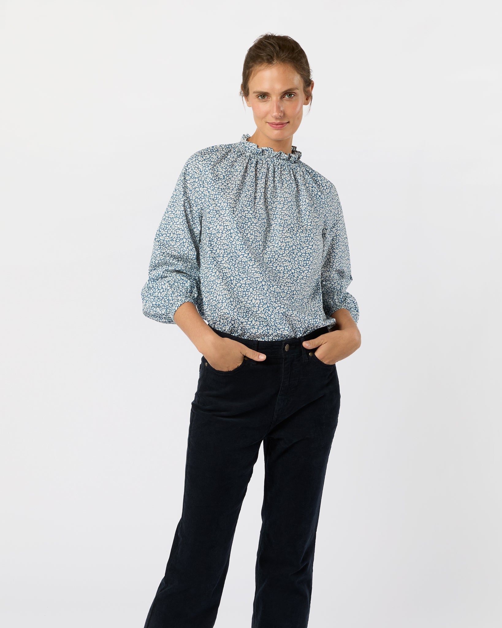 Kamille Blouson-Sleeve Top in Blue Feather Meadow Liberty Fabric