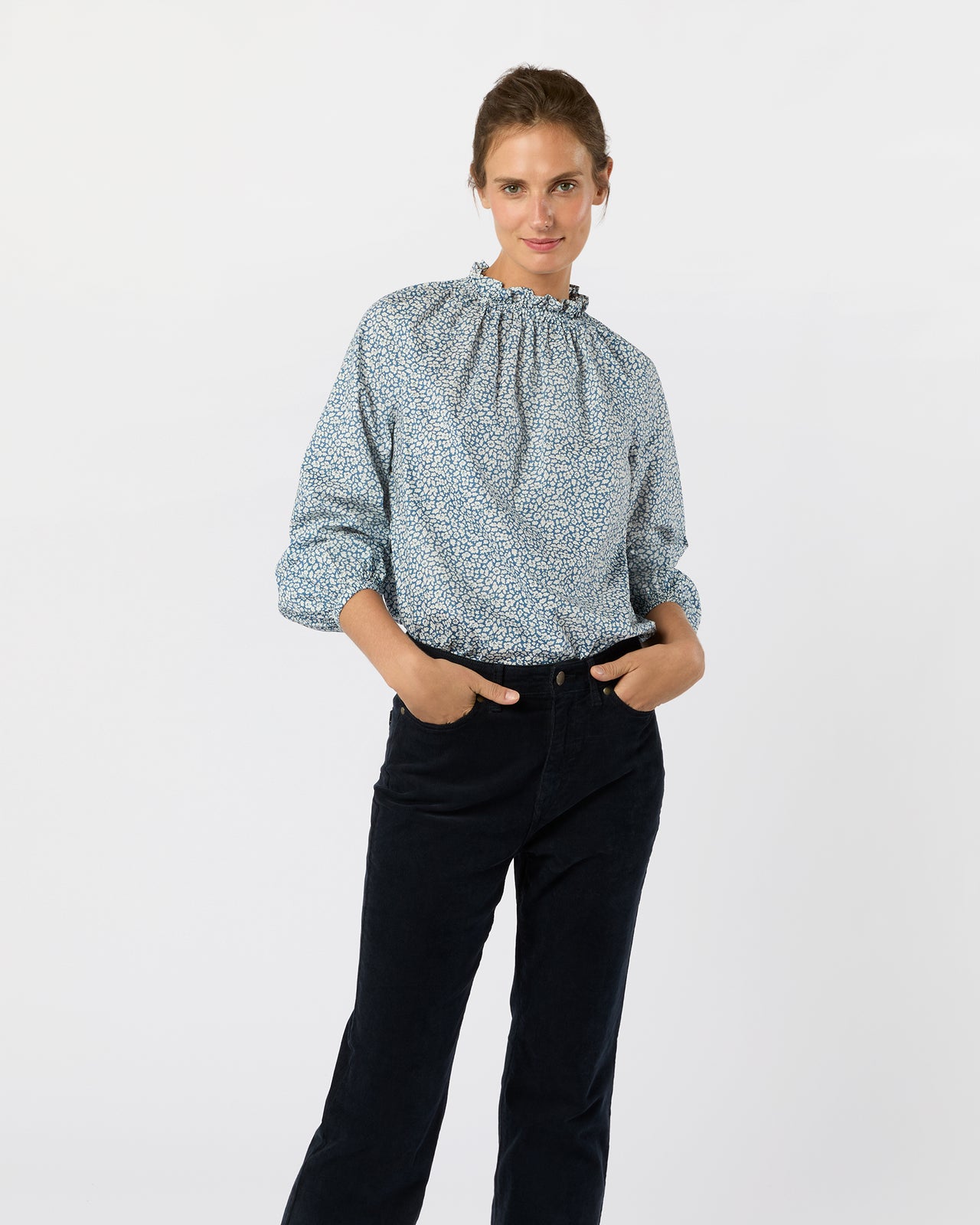 Kamille Blouson-Sleeve Top in Blue Feather Meadow Liberty Fabric