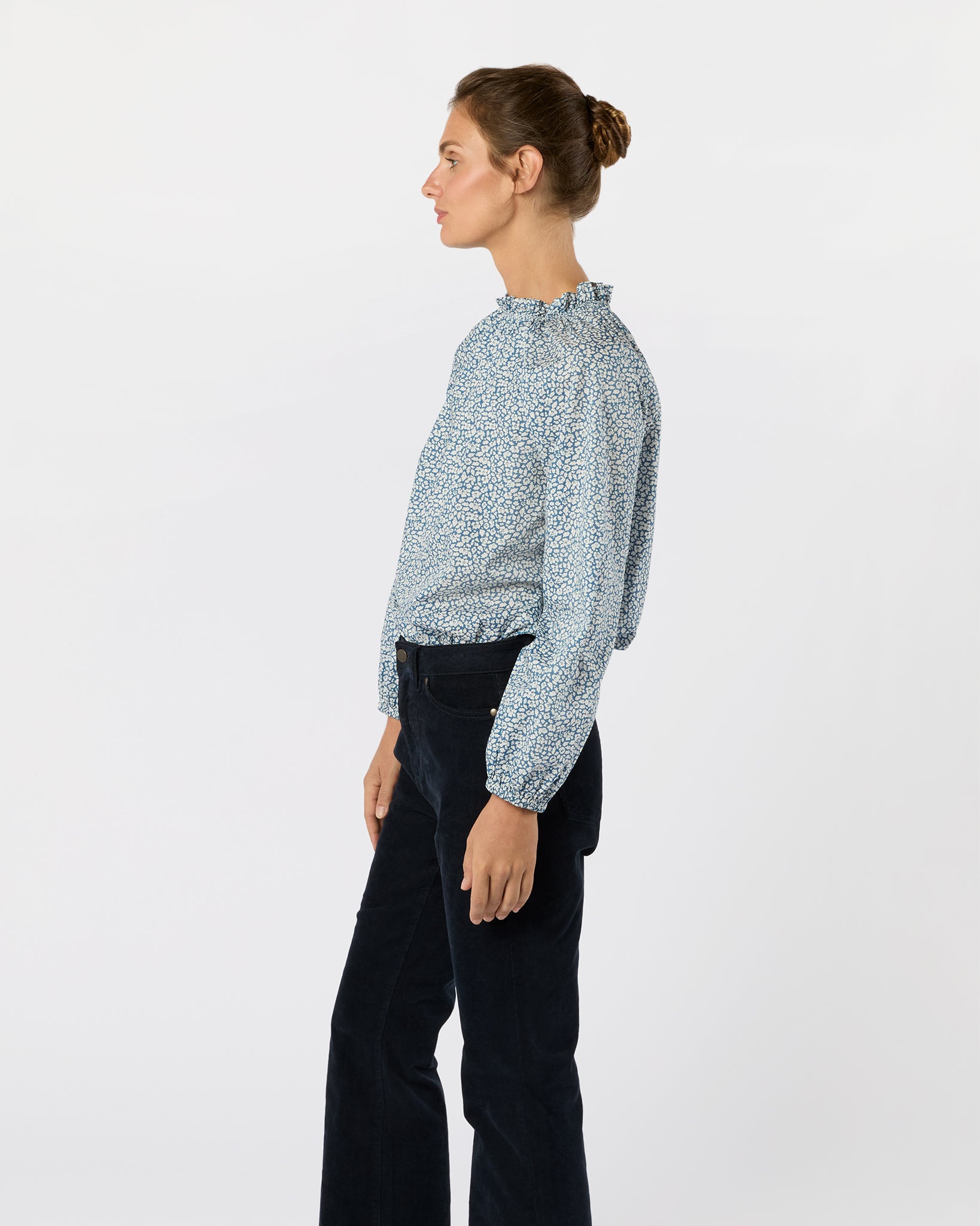 Kamille Blouson-Sleeve Top in Blue Feather Meadow Liberty Fabric