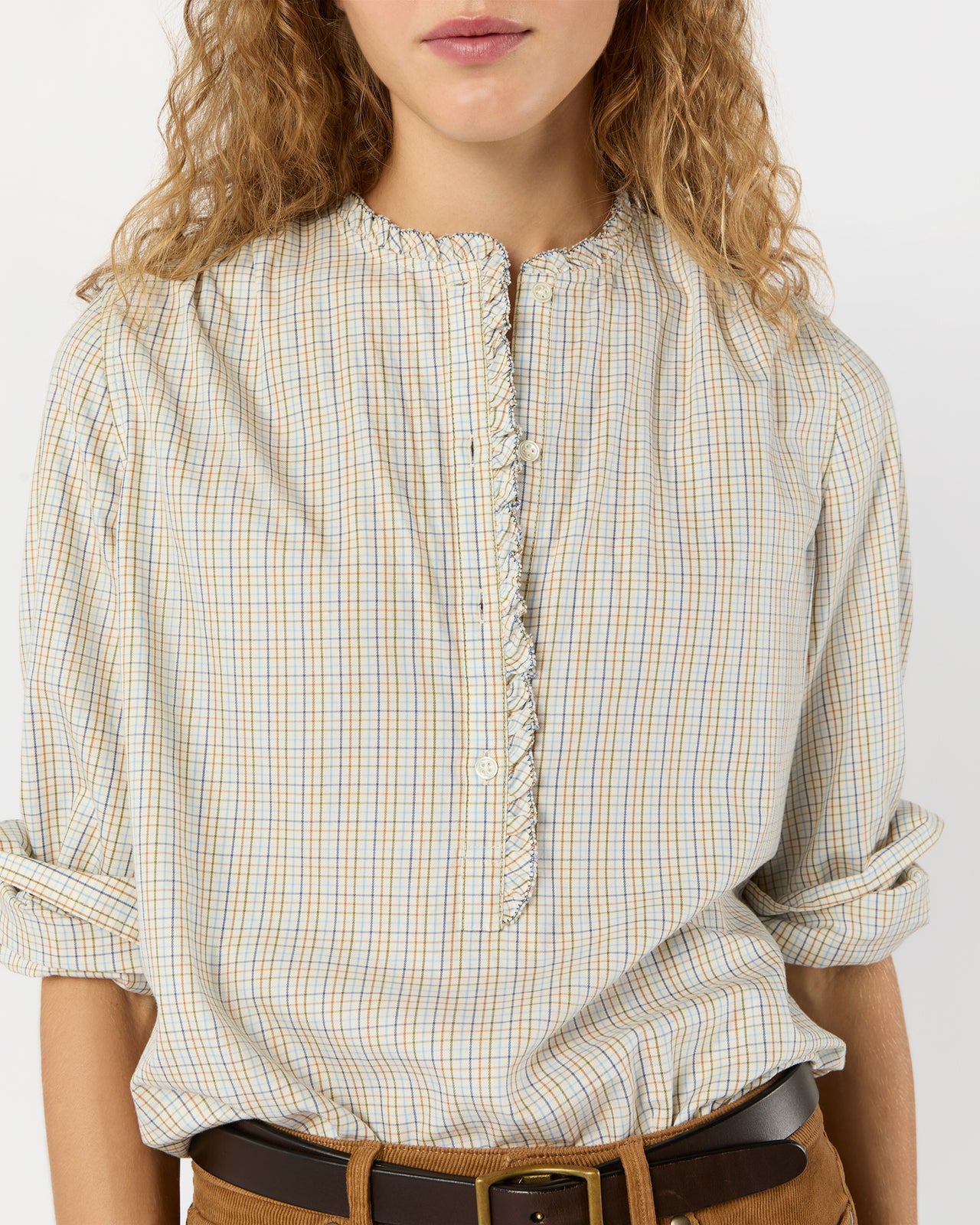 Becca Shirt in Olive/Ochre/Blue Tattersall Brushed Twill