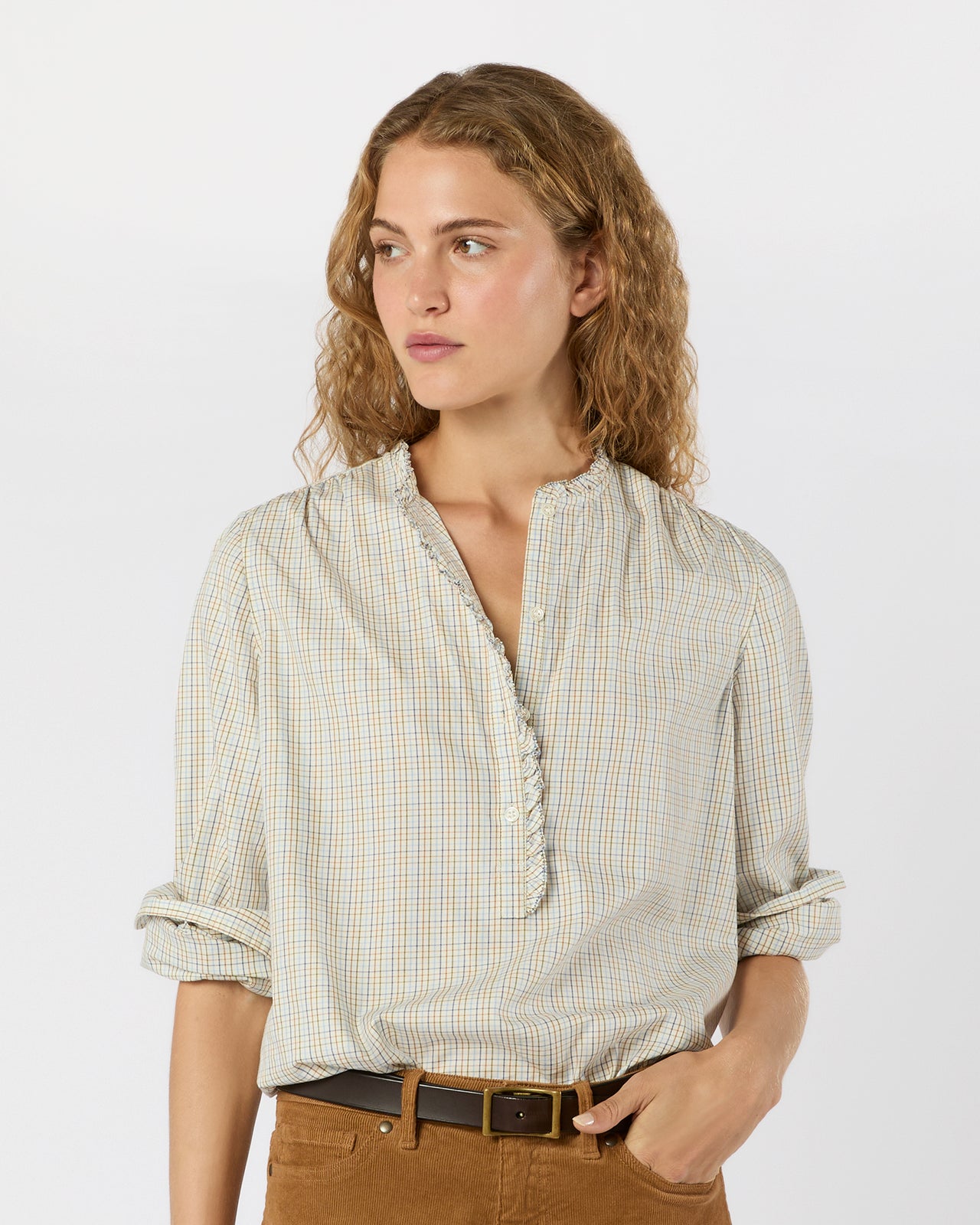 Becca Shirt in Olive/Ochre/Blue Tattersall Brushed Twill