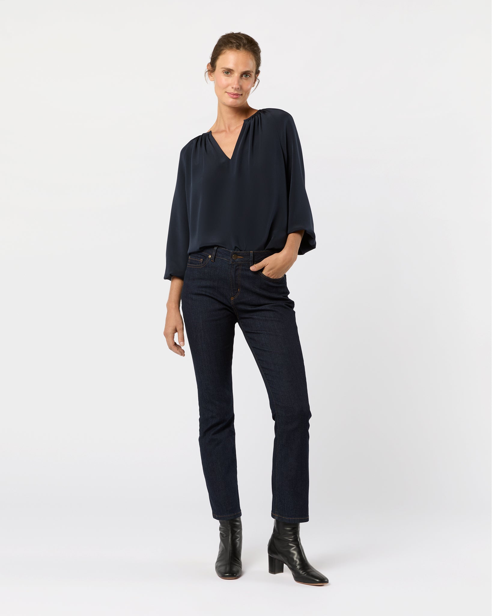 Ariana Blouse in Navy Silk Crepe de Chine