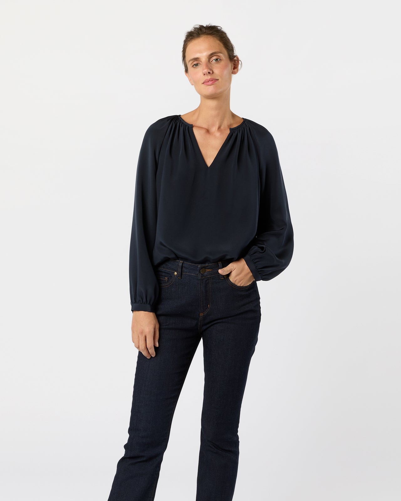 Ariana Blouse in Navy Silk Crepe de Chine