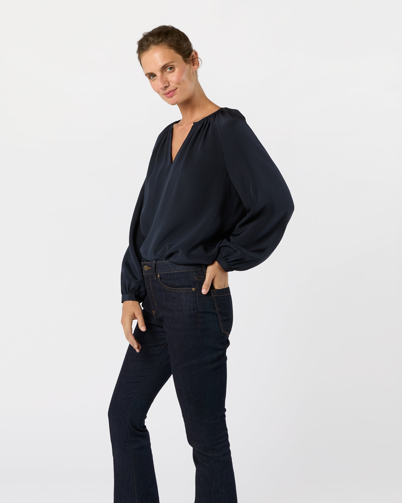 Ariana Blouse in Navy Silk Crepe de Chine