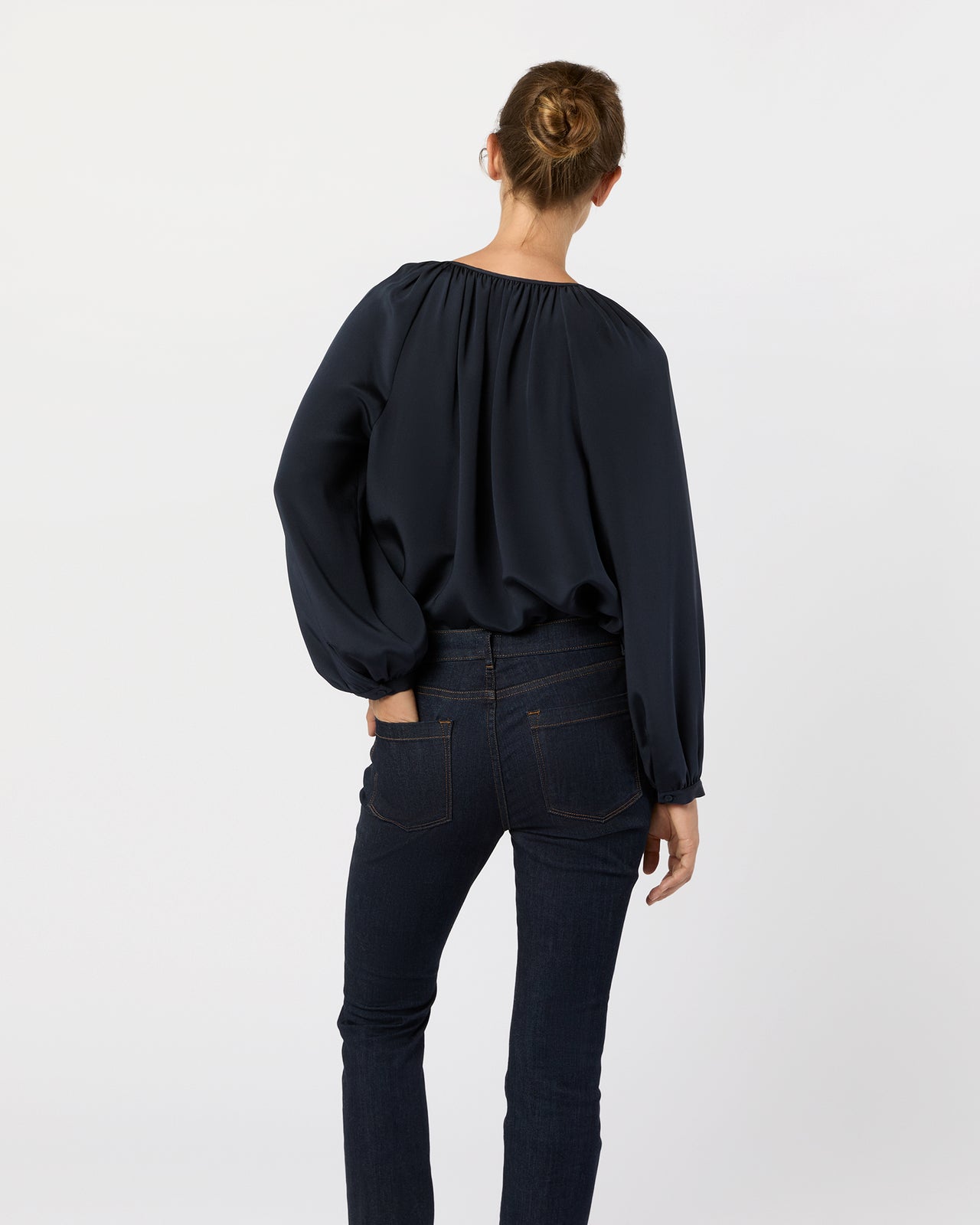 Ariana Blouse in Navy Silk Crepe de Chine