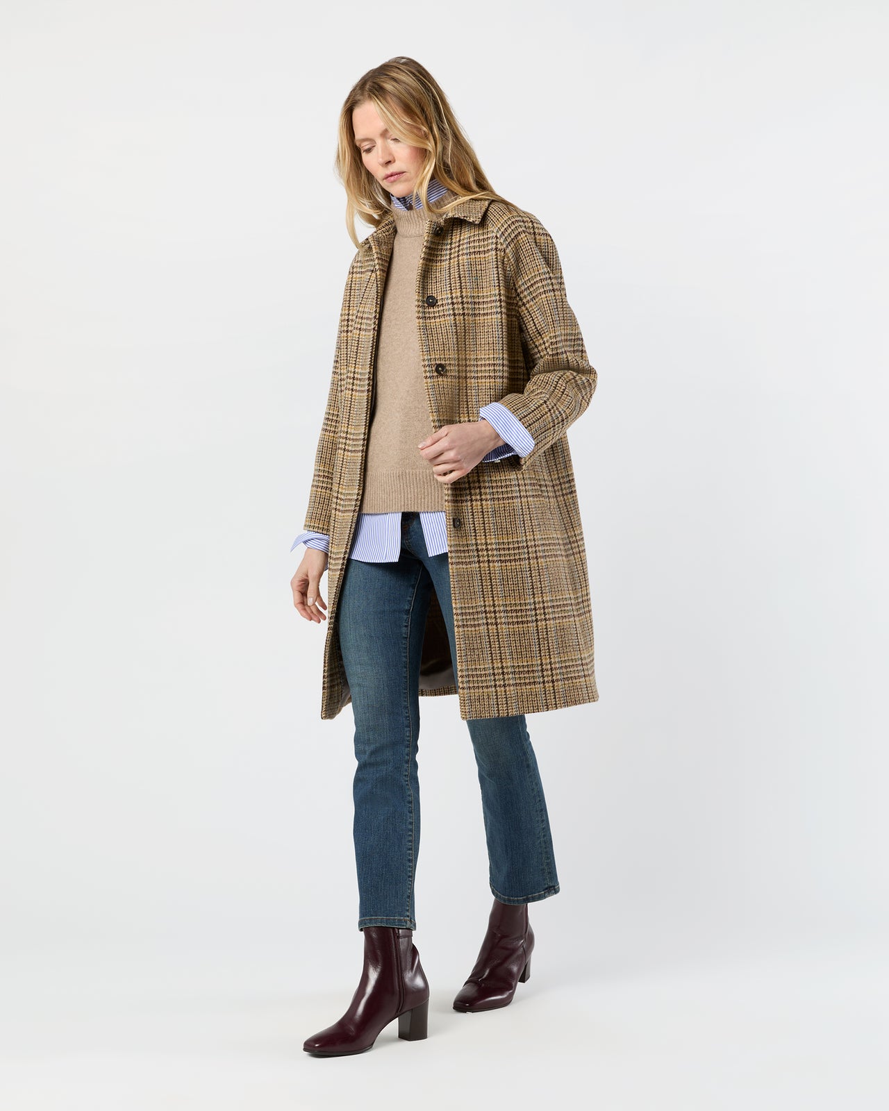 <H>BALMACAAN COAT/コート Balmacaan Coat in Brown/Sky Glen Plaid Harris Tweed | Shop Ann