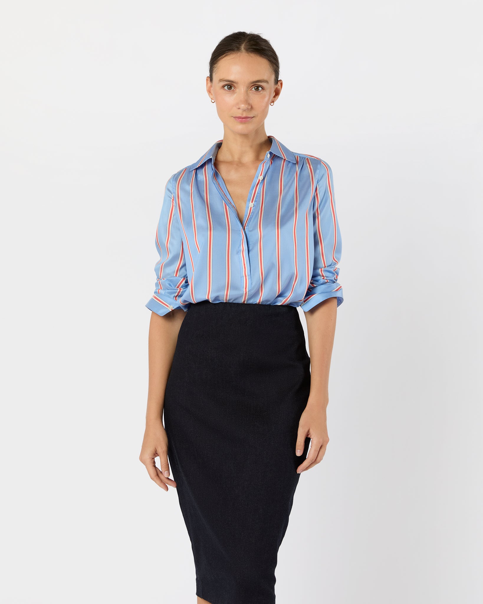 Natalia Blouse in Blue/Persimmon Bold Stripe Crepe de Chine