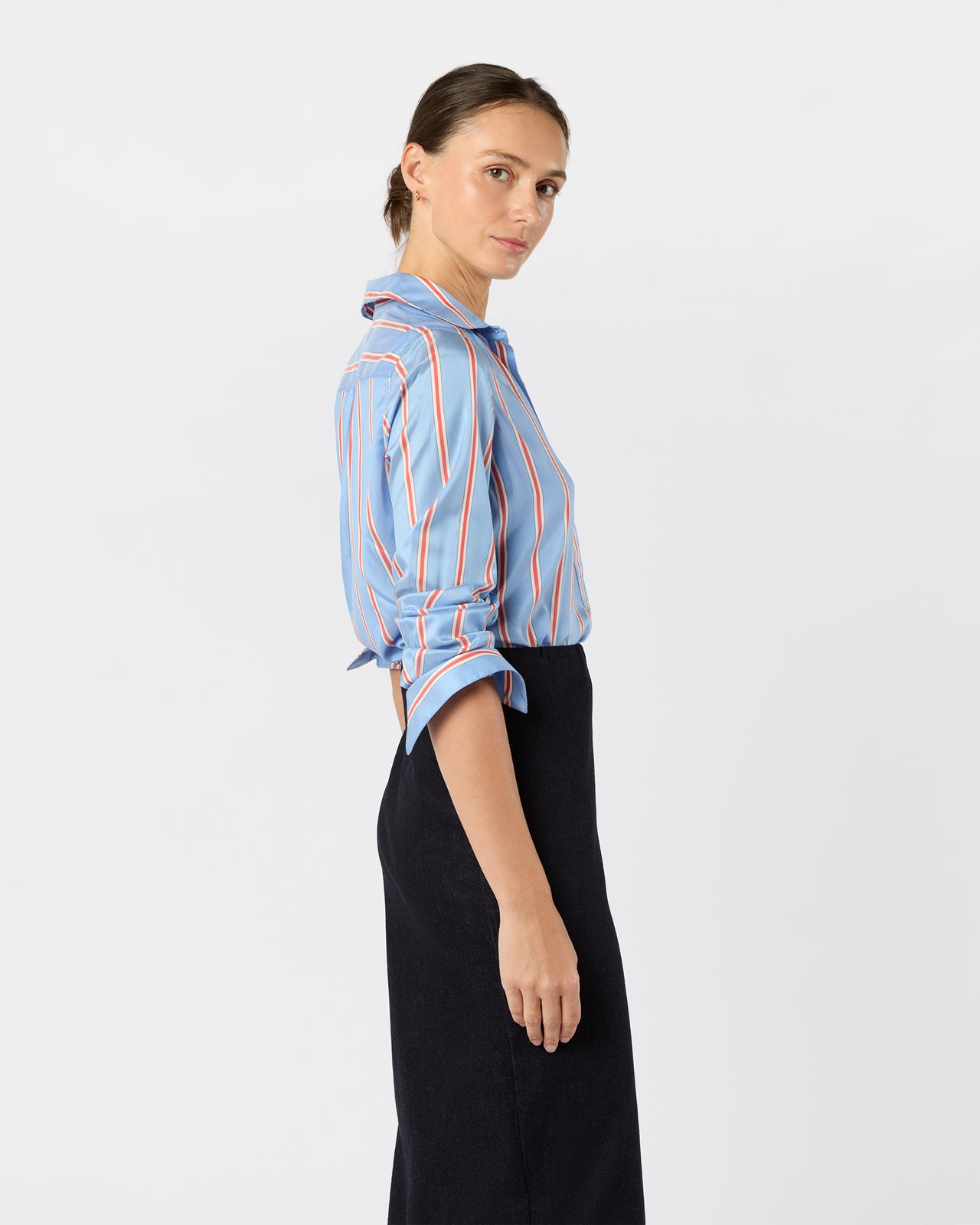 Natalia Blouse in Blue/Persimmon Bold Stripe Crepe de Chine