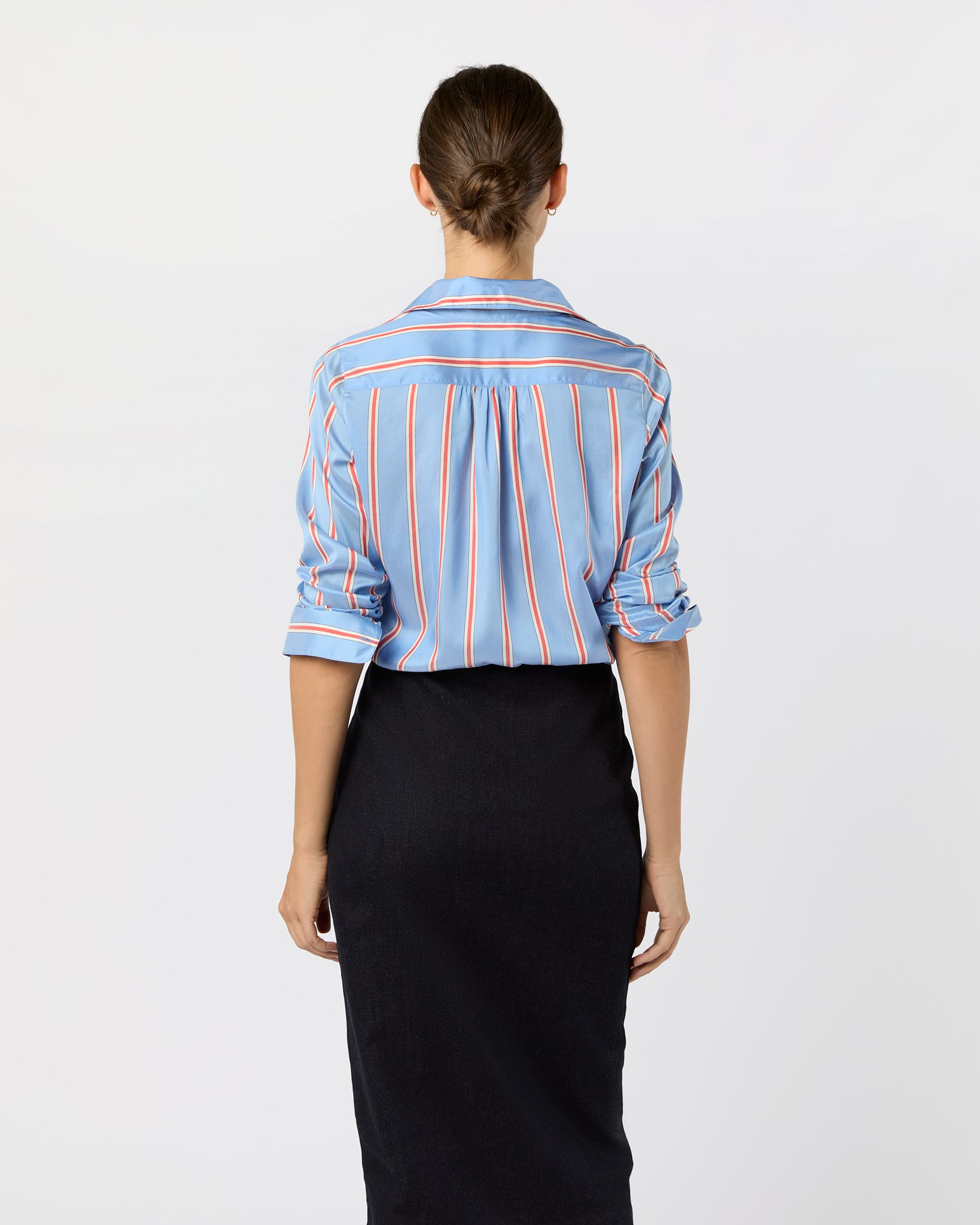 Natalia Blouse in Blue/Persimmon Bold Stripe Crepe de Chine