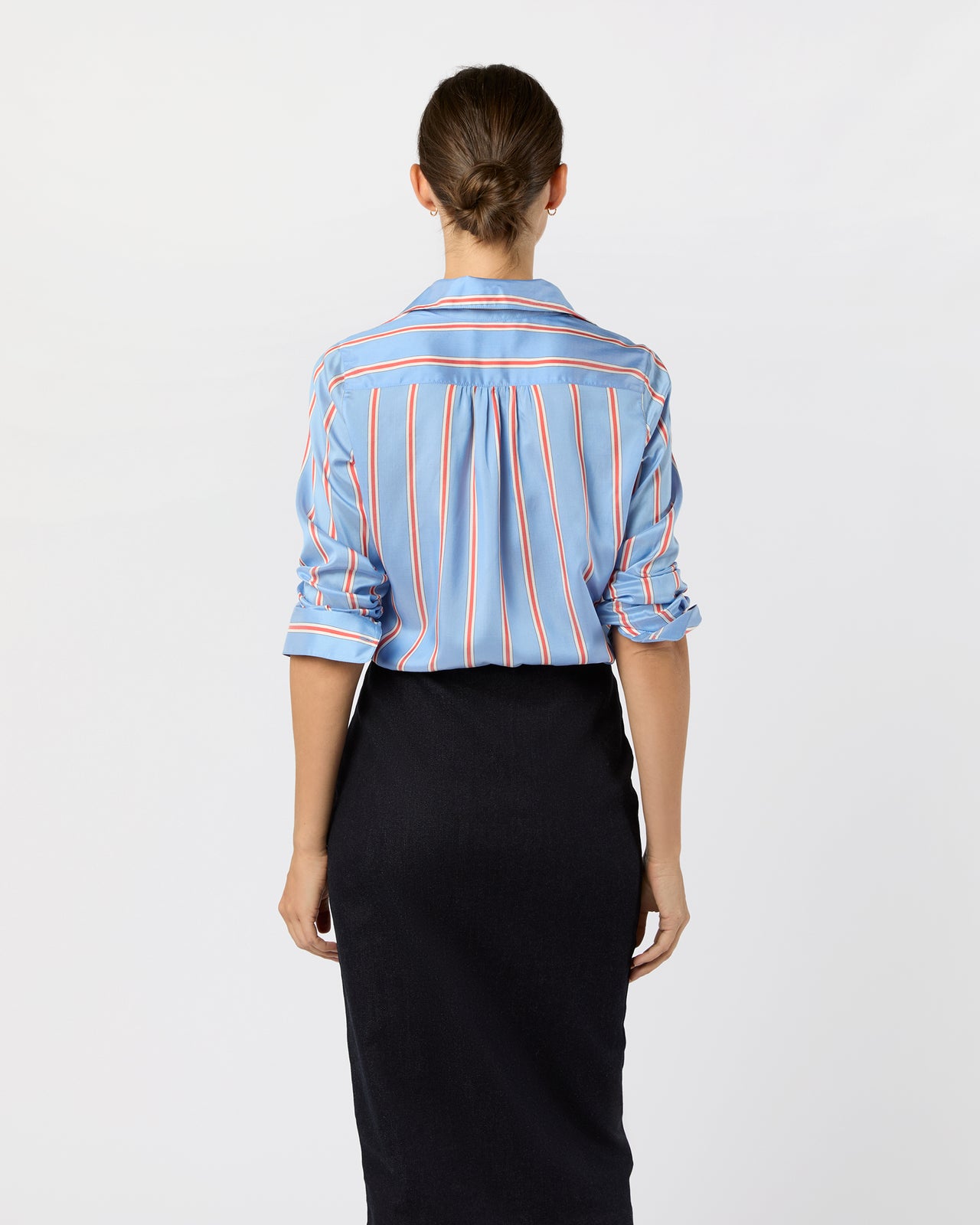 Natalia Blouse in Blue/Persimmon Bold Stripe Crepe de Chine