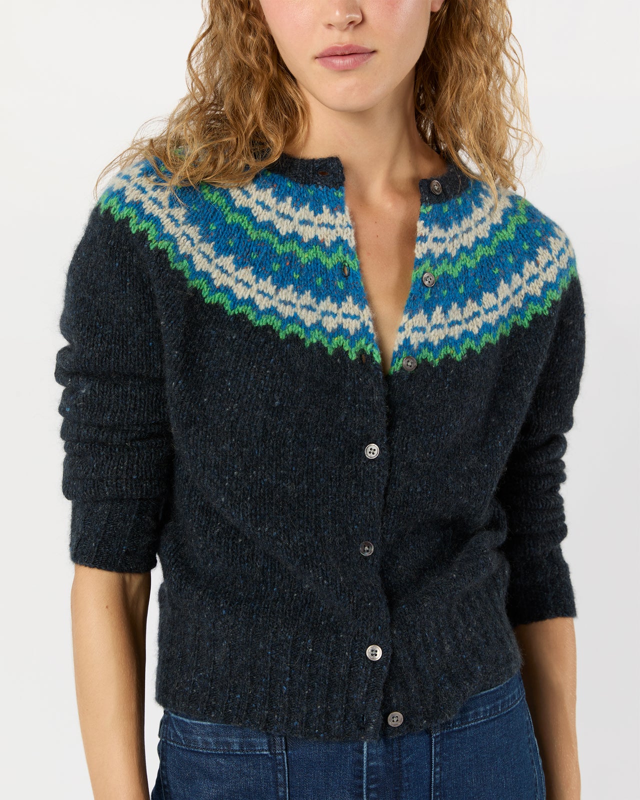 Marge Fair Isle Cardigan in Indigo Donegal Multi Cashmere | Shop