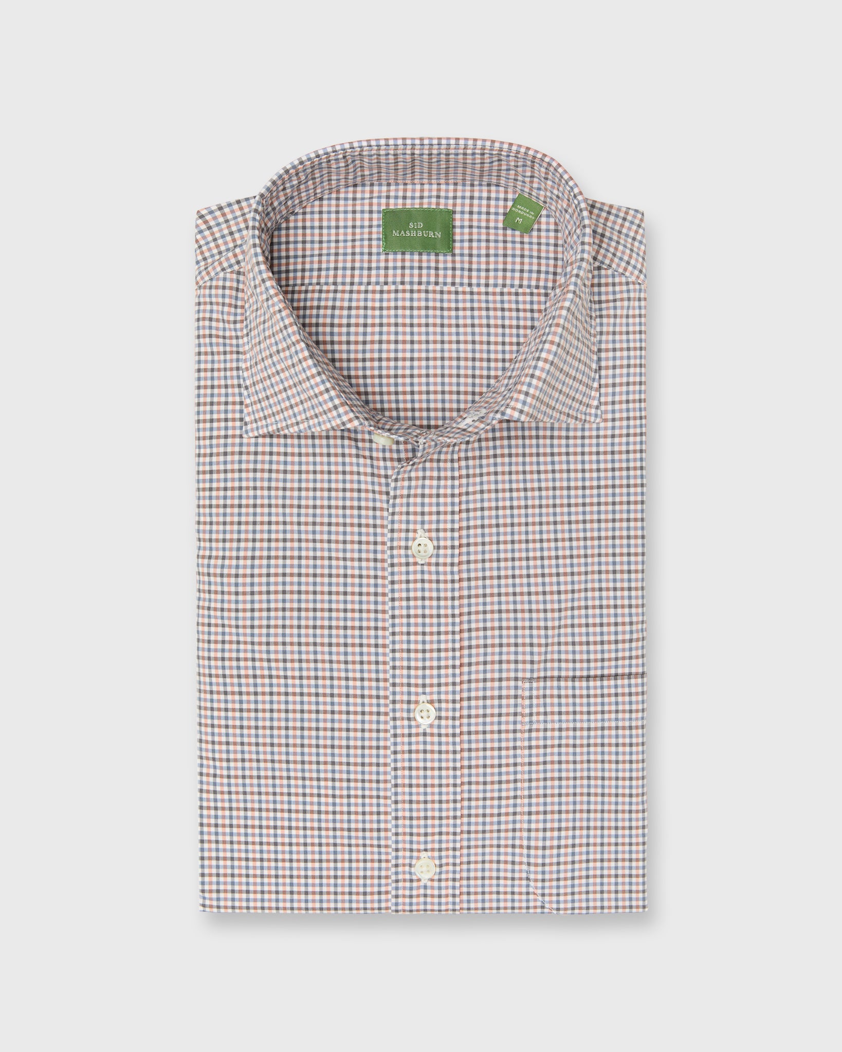 Spread Collar Sport Shirt in Sky/Peach/Graphite Tattersall Poplin