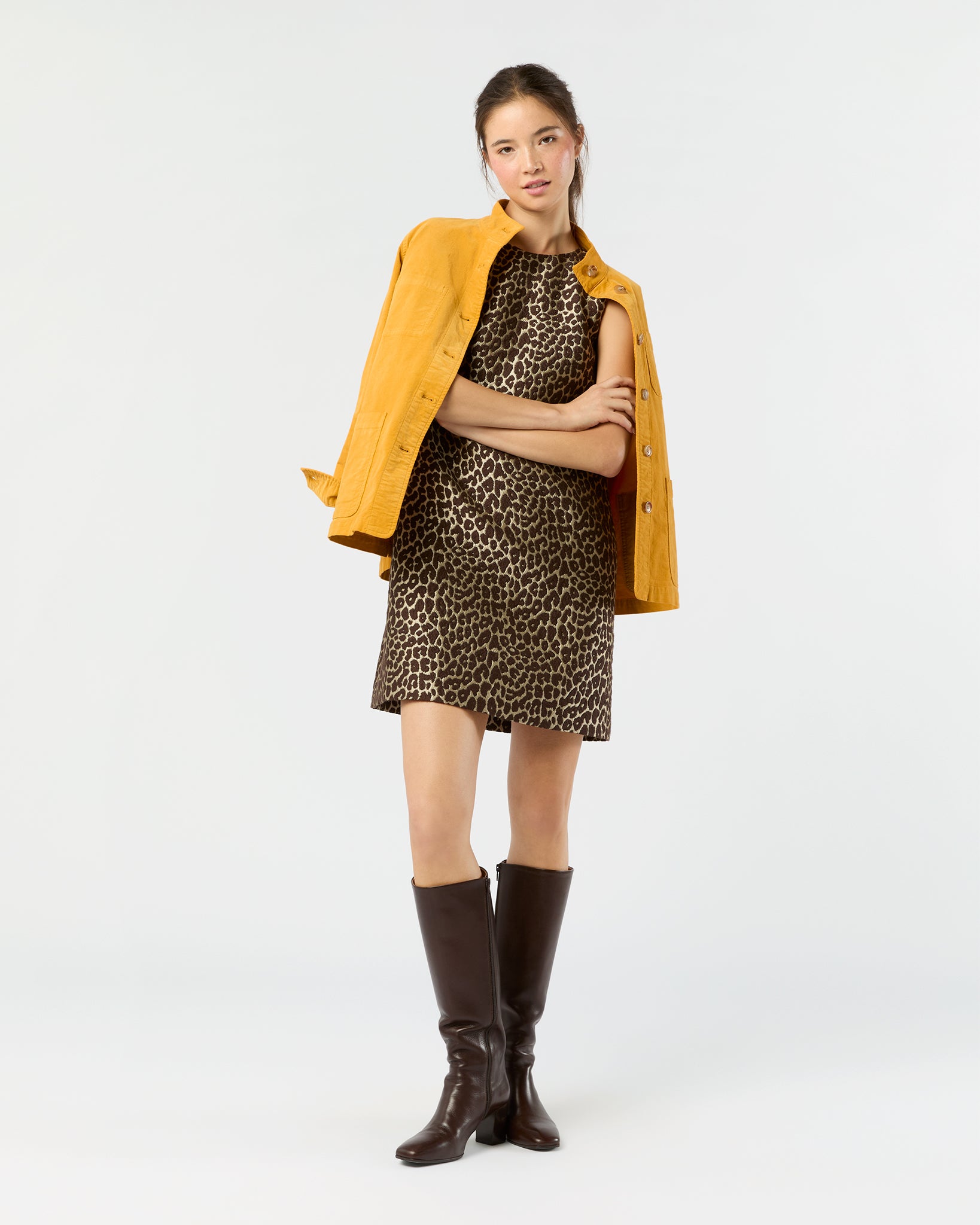 Susy Shift Dress in Chocolate/Camel Leopard Jacquard