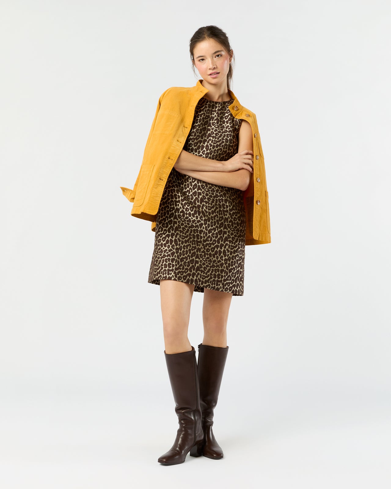Susy Shift Dress in Chocolate/Camel Leopard Jacquard