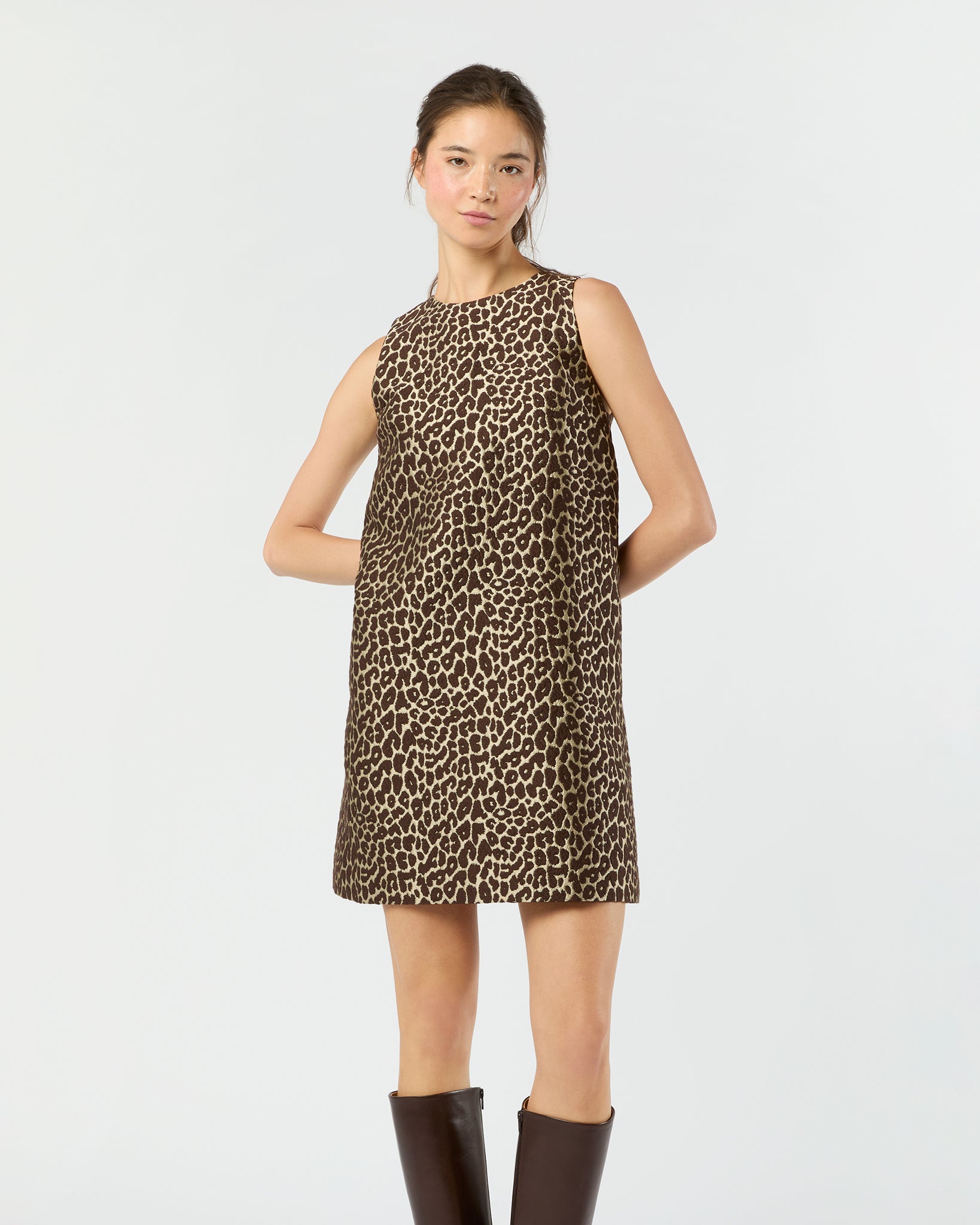Susy Shift Dress in Chocolate/Camel Leopard Jacquard