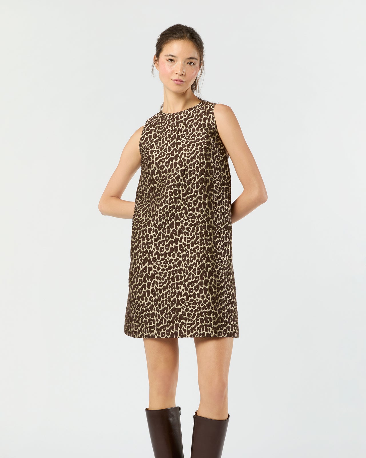 Susy Shift Dress in Chocolate/Camel Leopard Jacquard