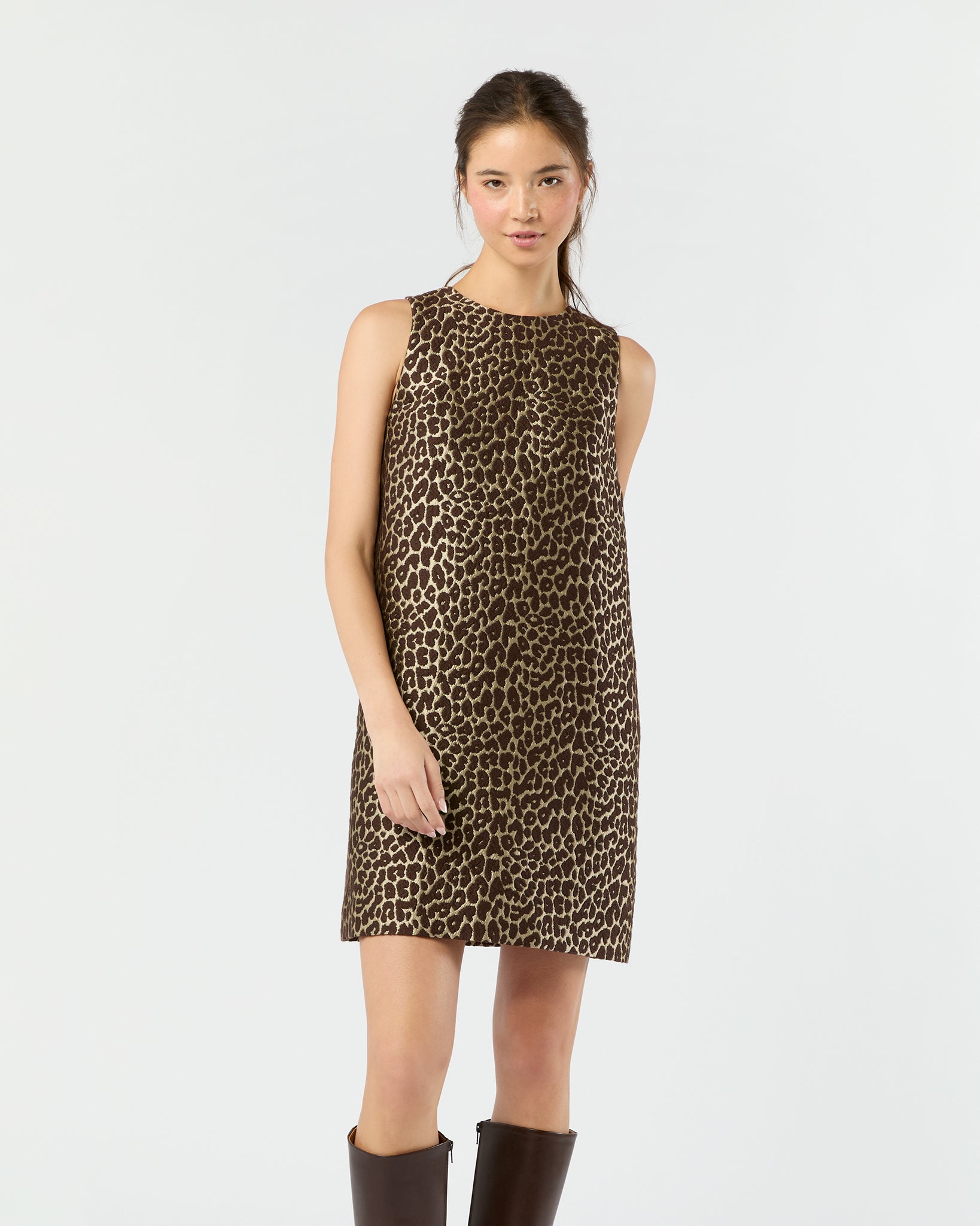 Susy Shift Dress in Chocolate/Camel Leopard Jacquard