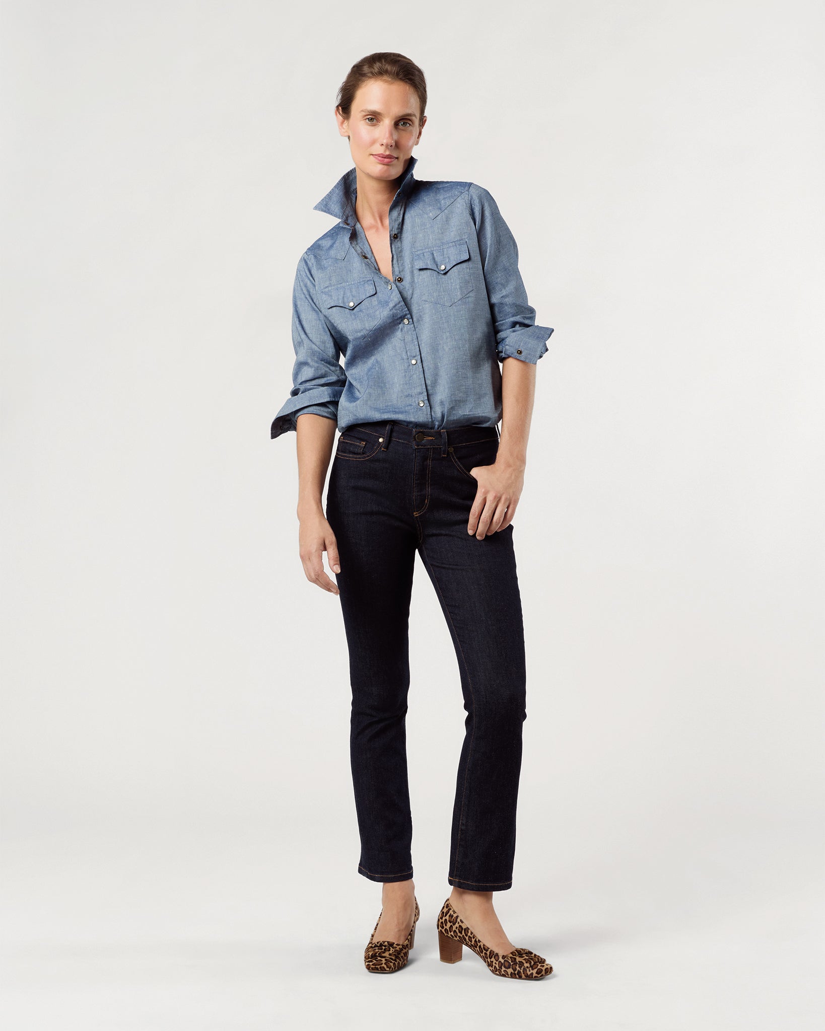 Flare Cropped 5-Pocket Jean in Indigo Stretch Denim