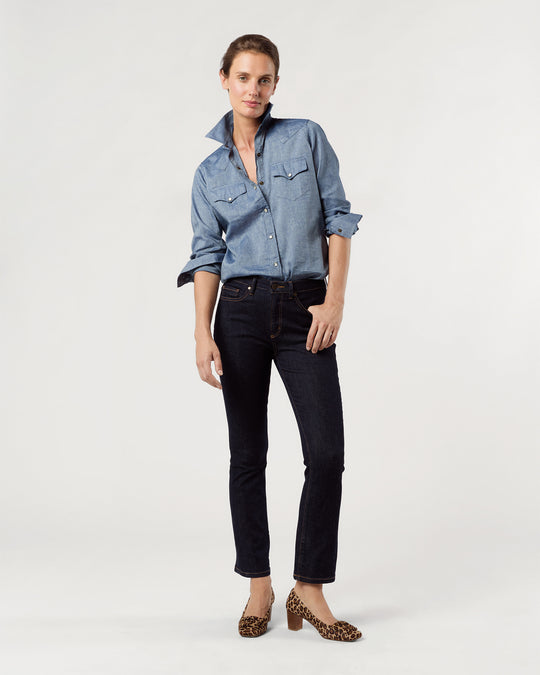 Flare Cropped 5-Pocket Jean in Indigo Stretch Denim