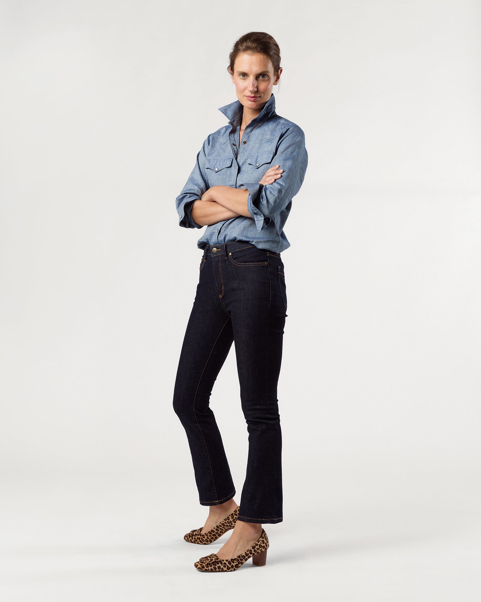 Flare Cropped 5-Pocket Jean in Indigo Stretch Denim