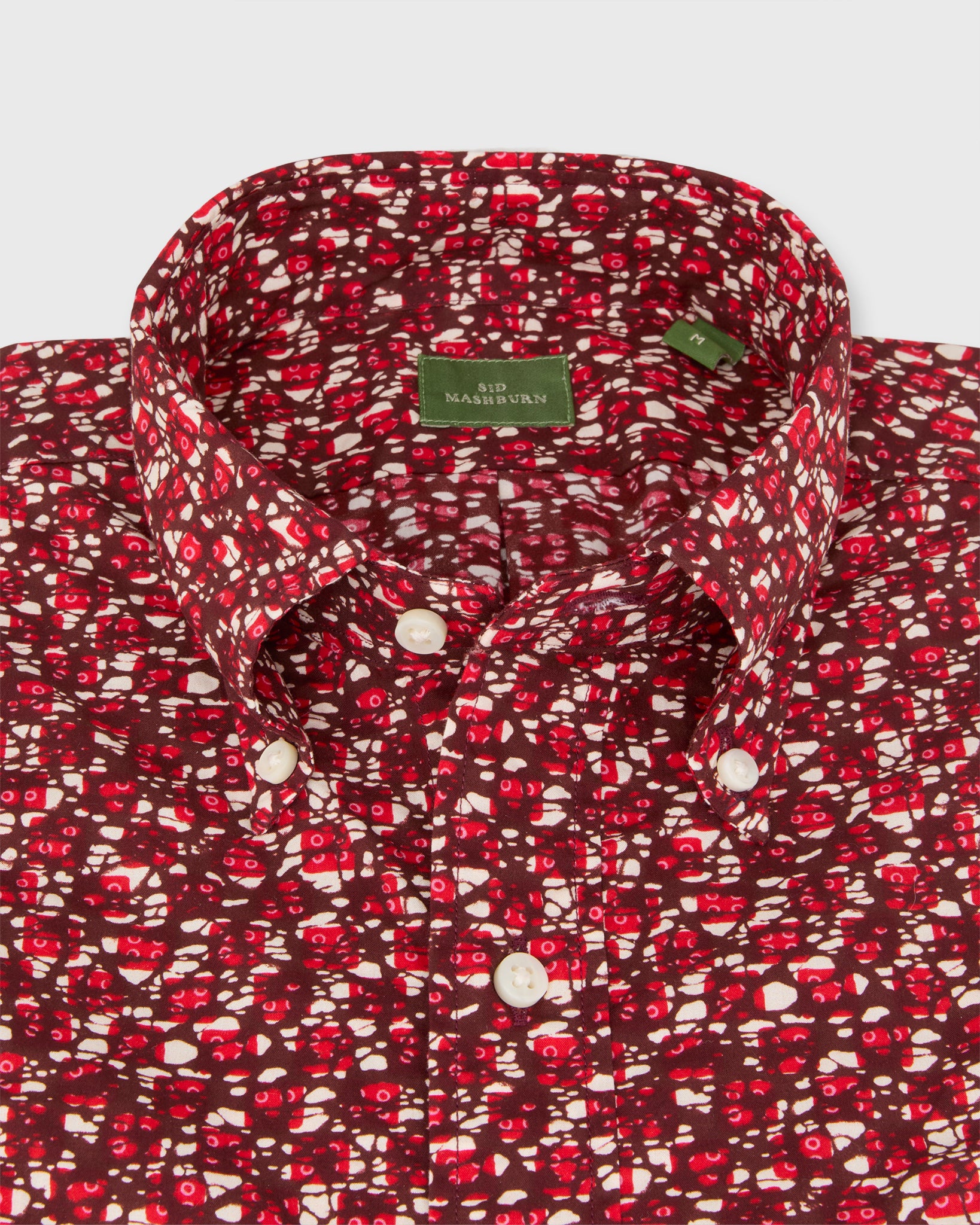 Short-Sleeved Button-Down Sport Shirt in Red Batik Print Poplin