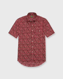 Short-Sleeved Button-Down Sport Shirt in Red Batik Print Poplin