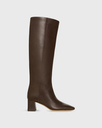 Tall Block Heel Boot in Dark Brown Leather