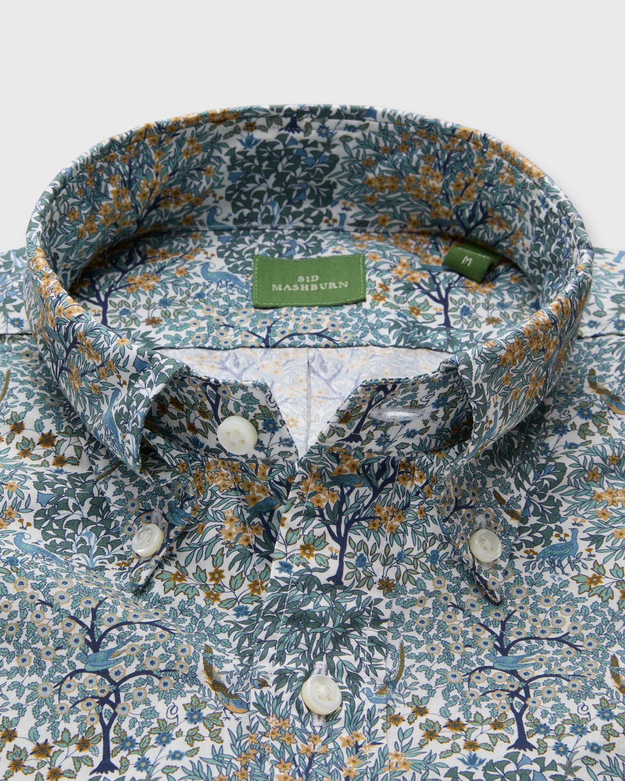 Button-Down Sport Shirt in Spruce/Maize/Navy Pheasant Garden Liberty Fabric