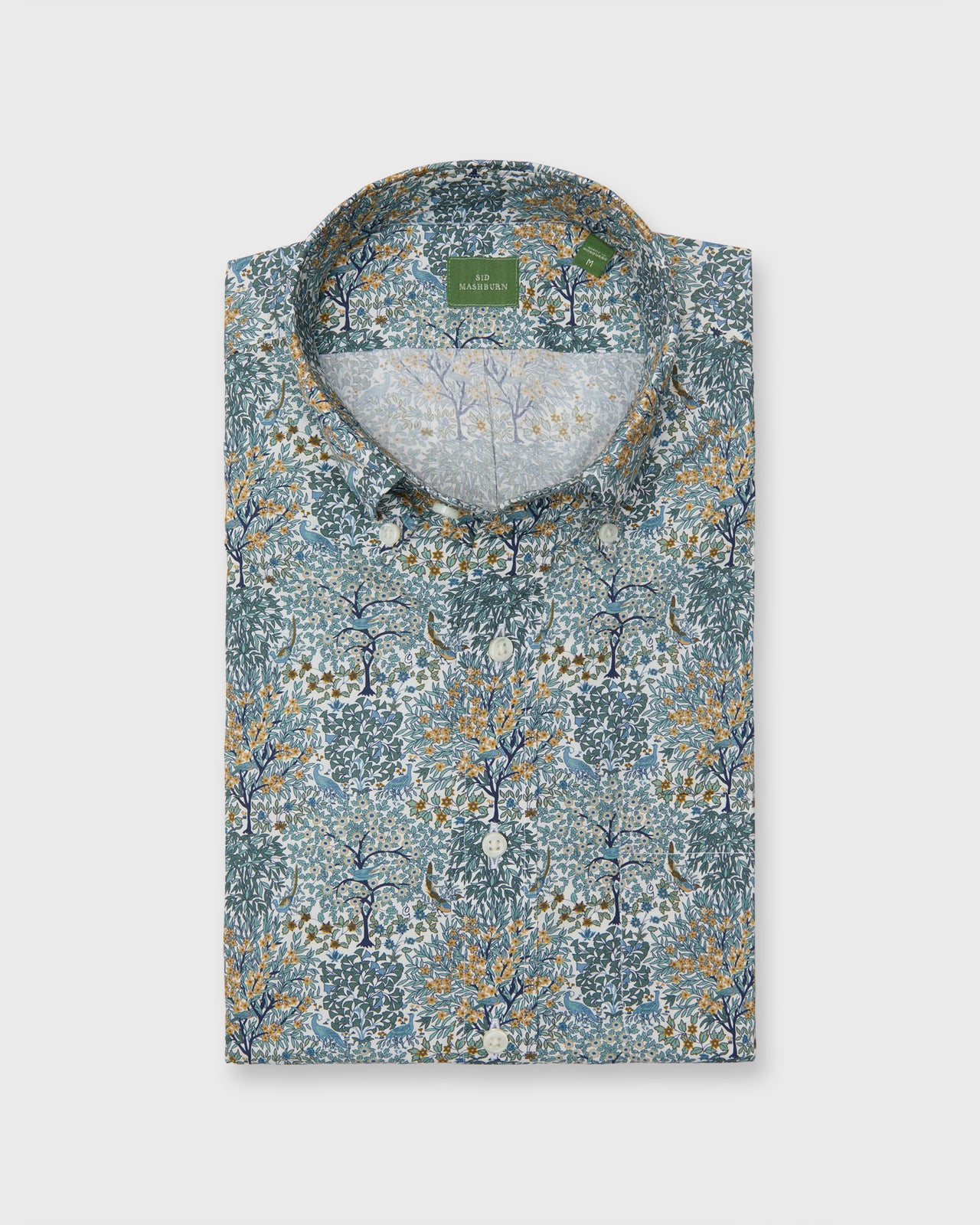Button-Down Sport Shirt in Spruce/Maize/Navy Pheasant Garden Liberty Fabric