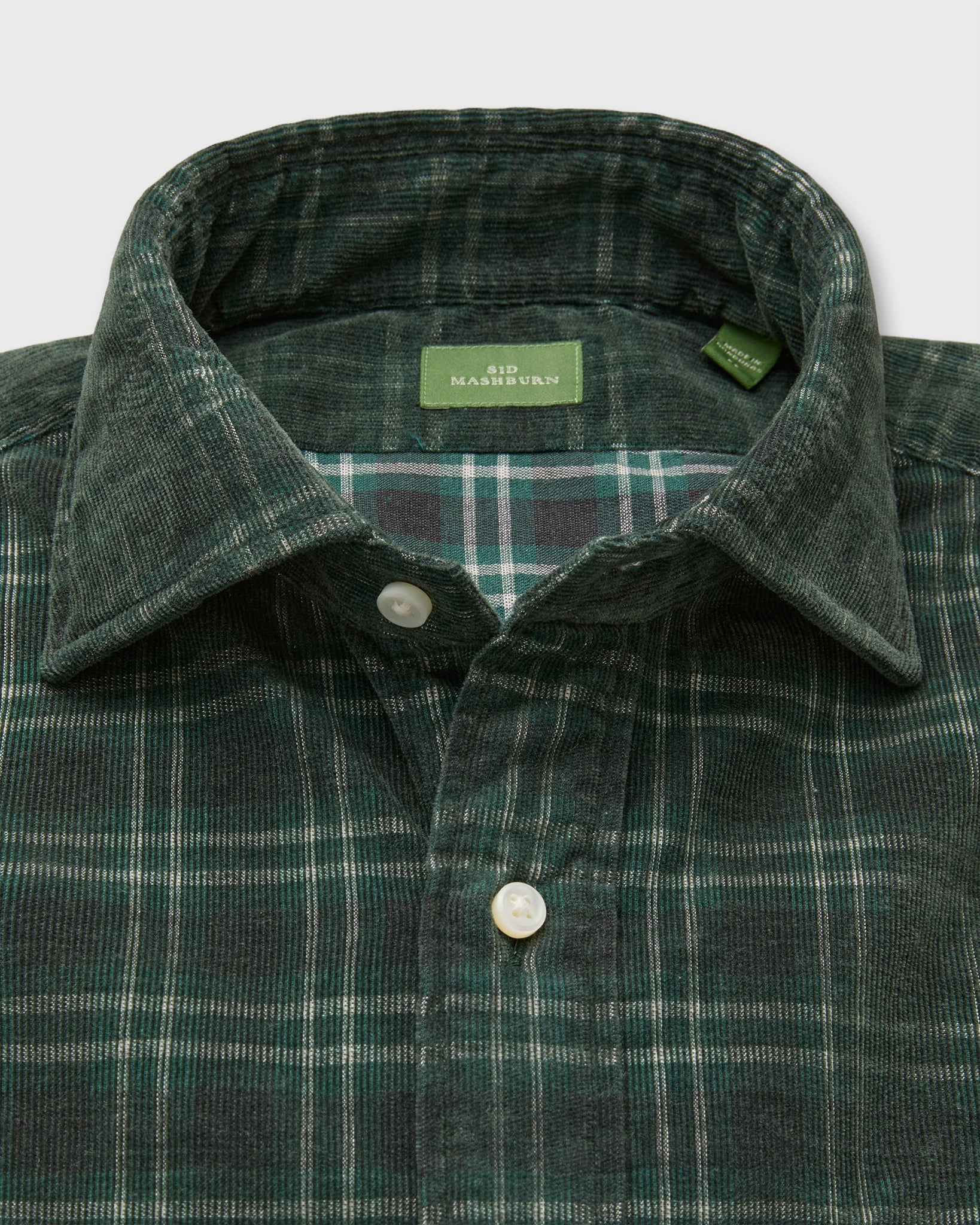 Spread Collar Sport Shirt in Forest/Charcoal/Bone Plaid Corduroy