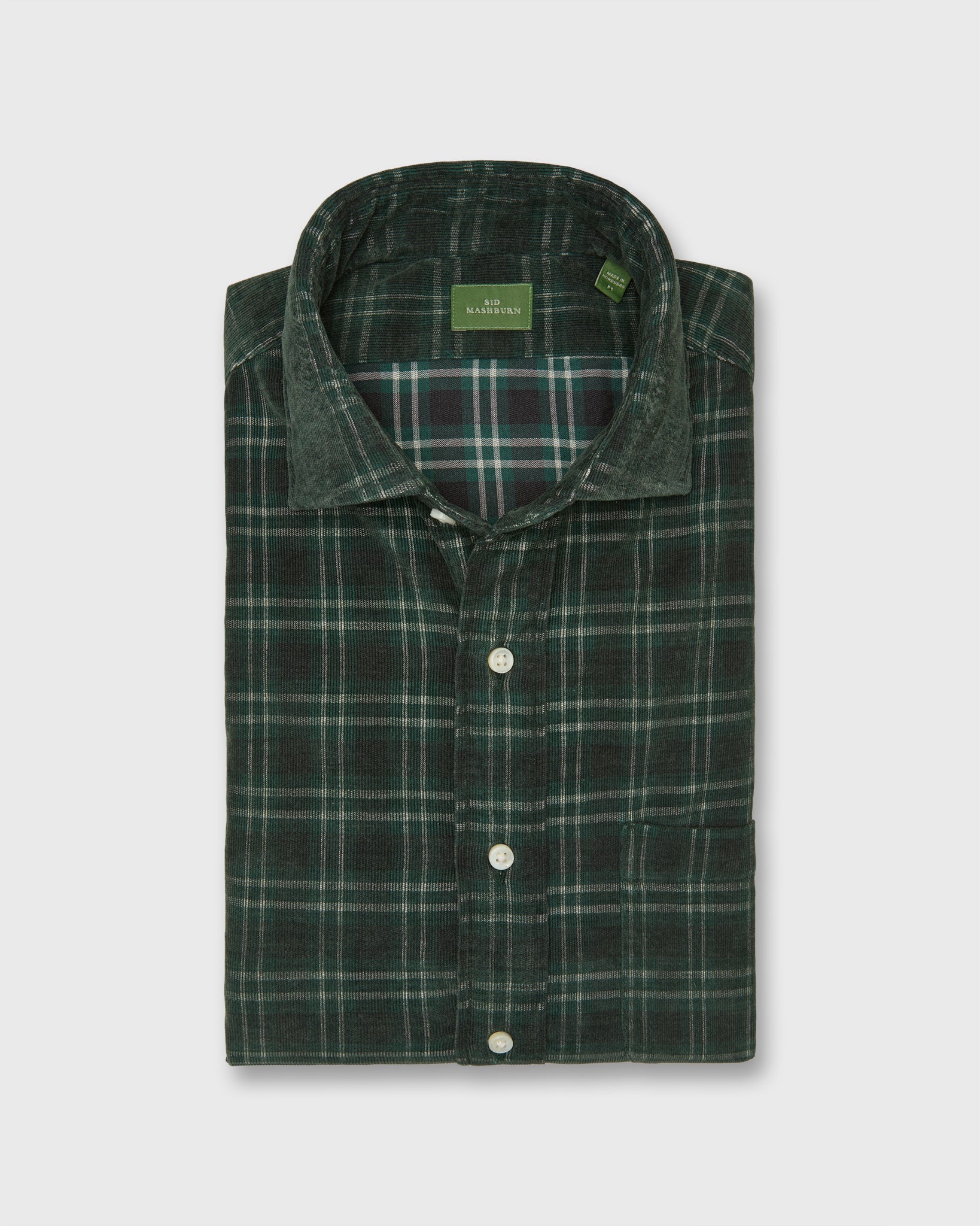 Spread Collar Sport Shirt in Forest/Charcoal/Bone Plaid Corduroy