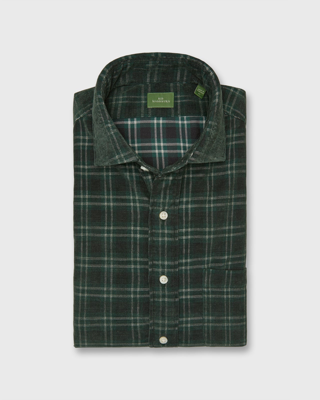 Spread Collar Sport Shirt in Forest/Charcoal/Bone Plaid Corduroy