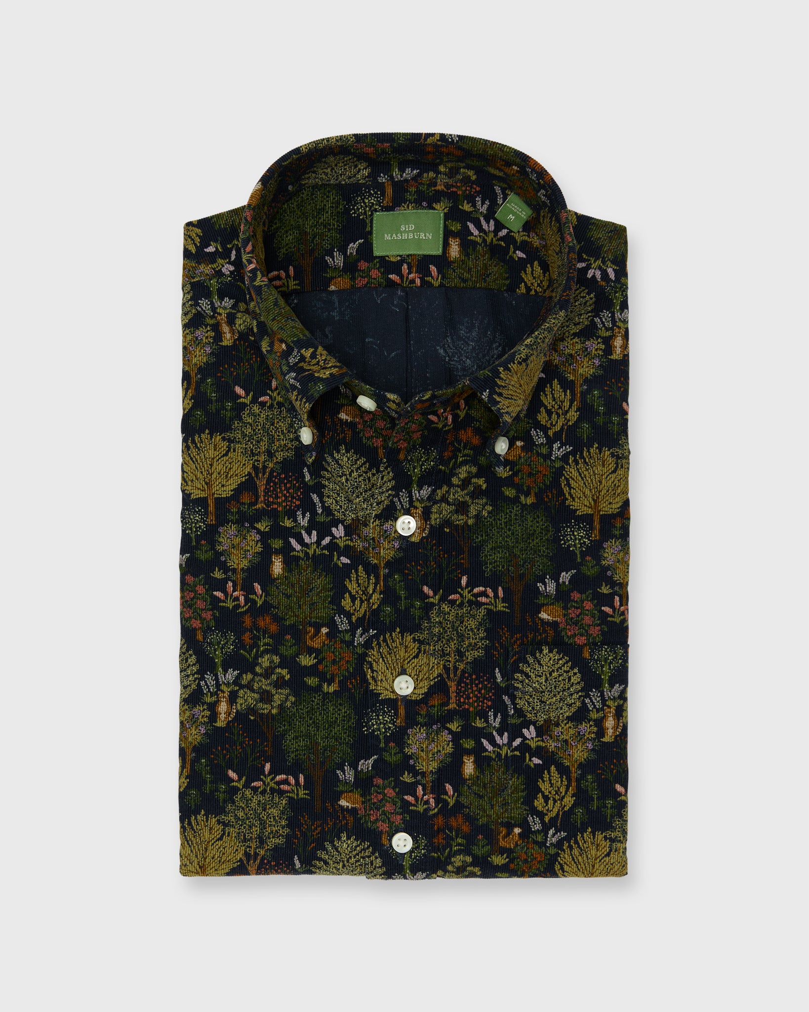 Button-Down Sport Shirt in Navy/Multi Woodland Print Lightweight Corduroy