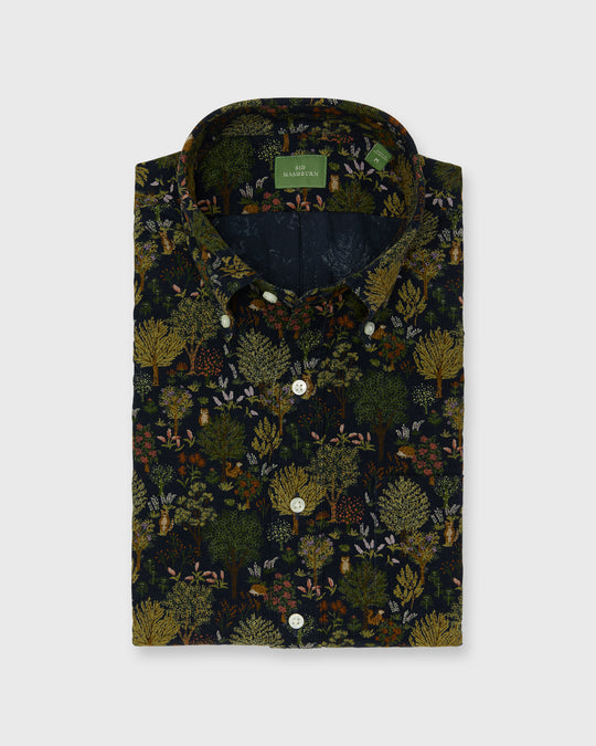 Button-Down Sport Shirt in Navy/Multi Woodland Print Lightweight Corduroy