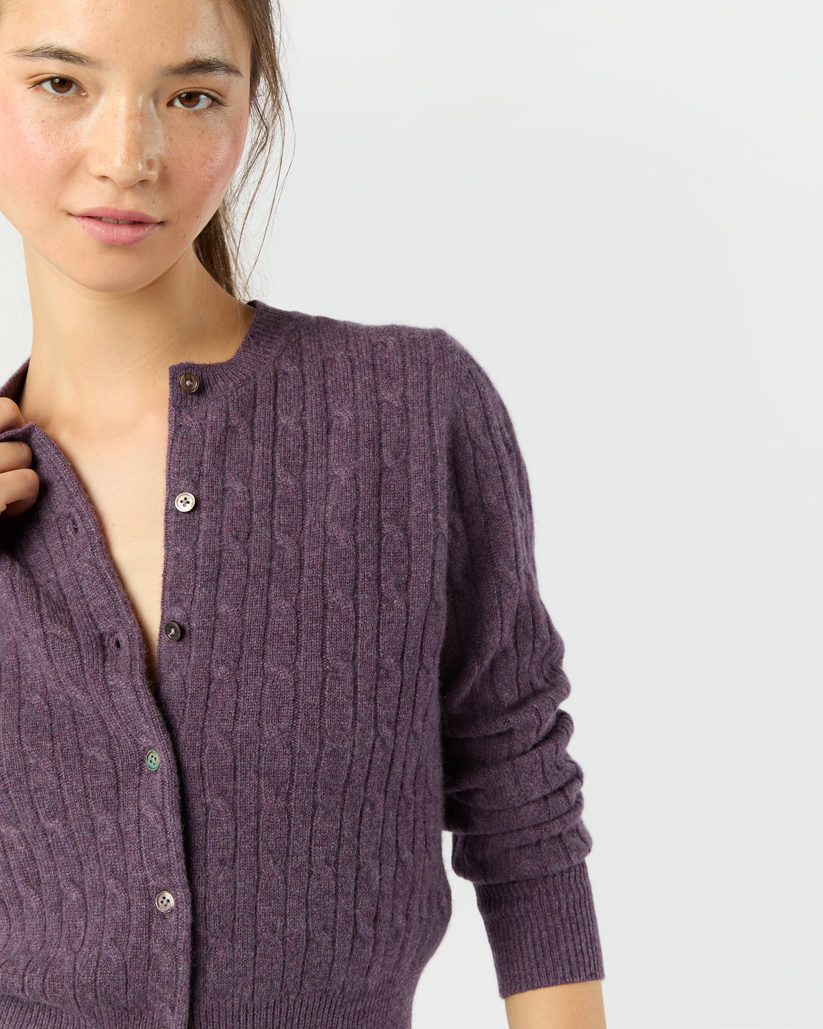 Rosie Cable Cardigan in Heather Eggplant Cashmere