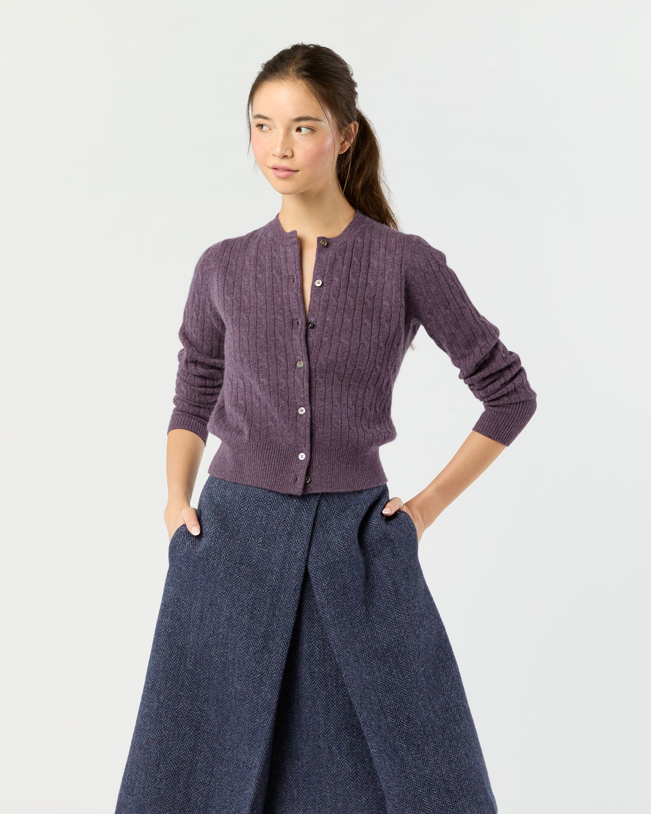 Rosie Cable Cardigan in Heather Eggplant Cashmere
