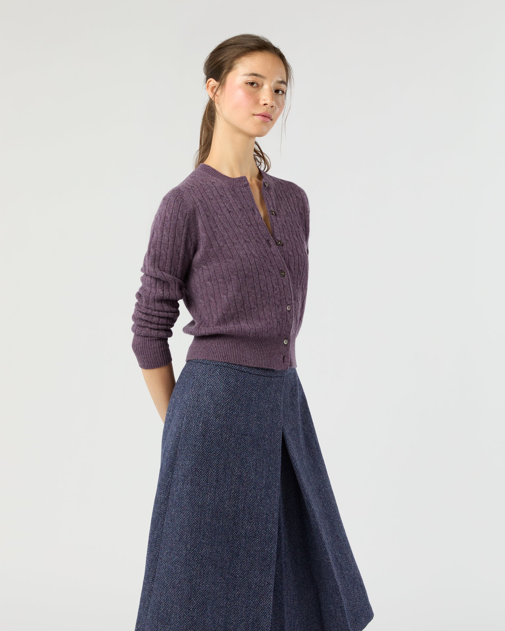Rosie Cable Cardigan in Heather Eggplant Cashmere