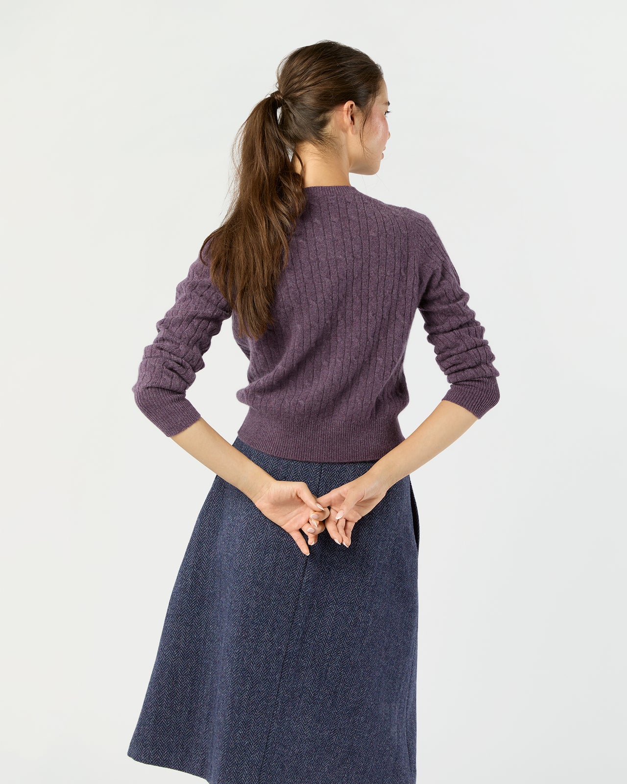 Rosie Cable Cardigan in Heather Eggplant Cashmere