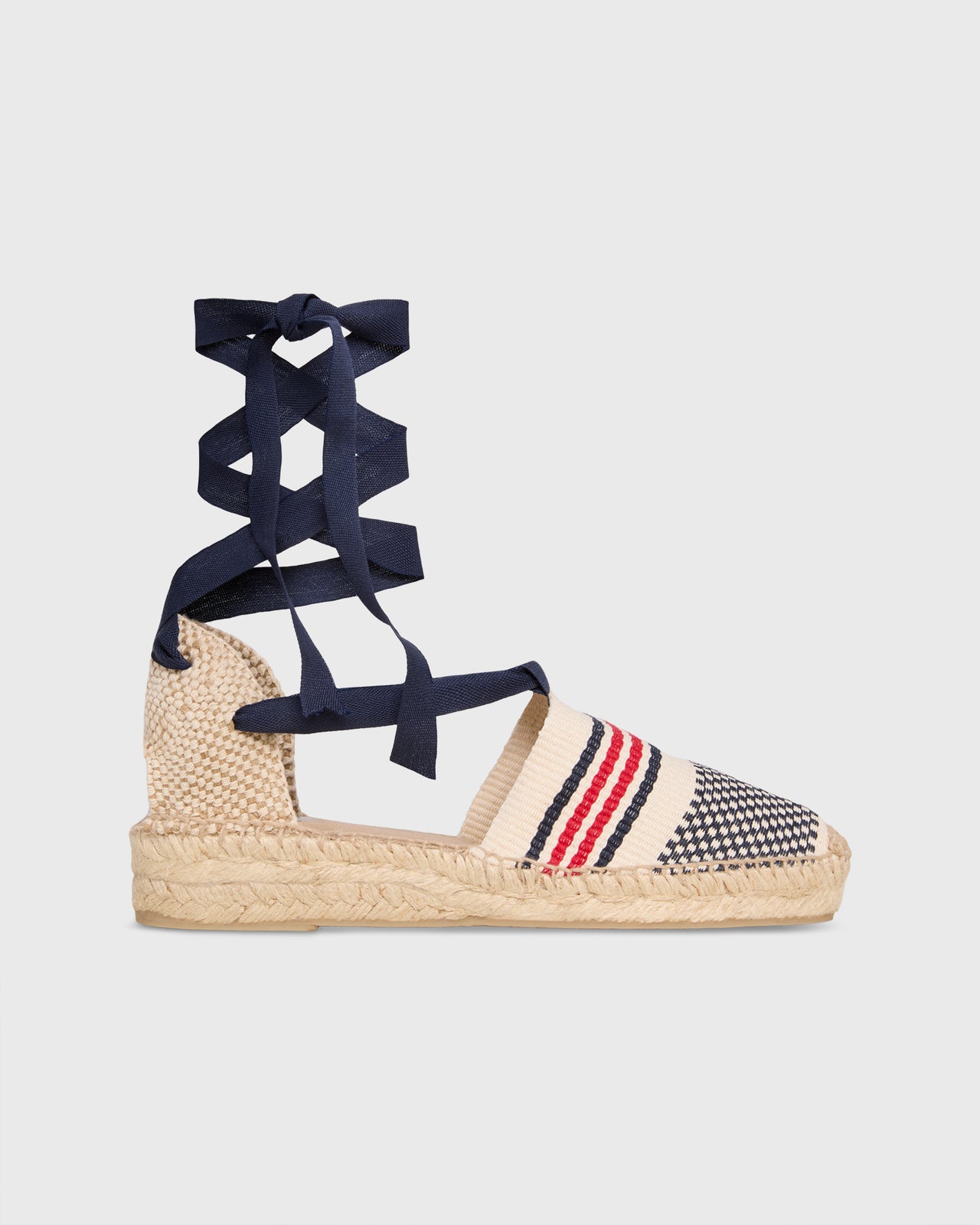 Pia Low Espadrille in Ivory/Navy/Red Stripe Canvas