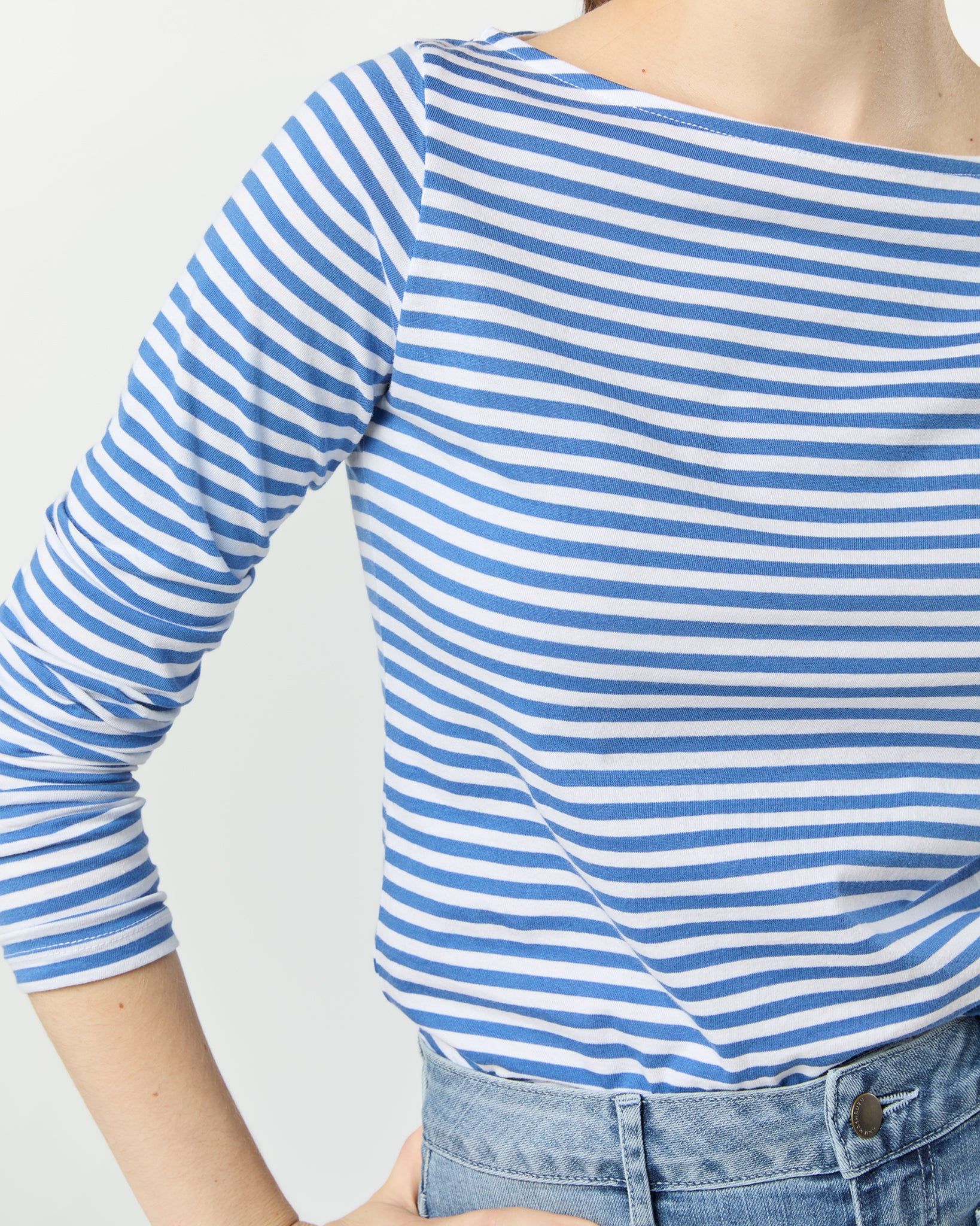 Long-Sleeved Boatneck Tee in Blue/White Stripe Pima Cotton