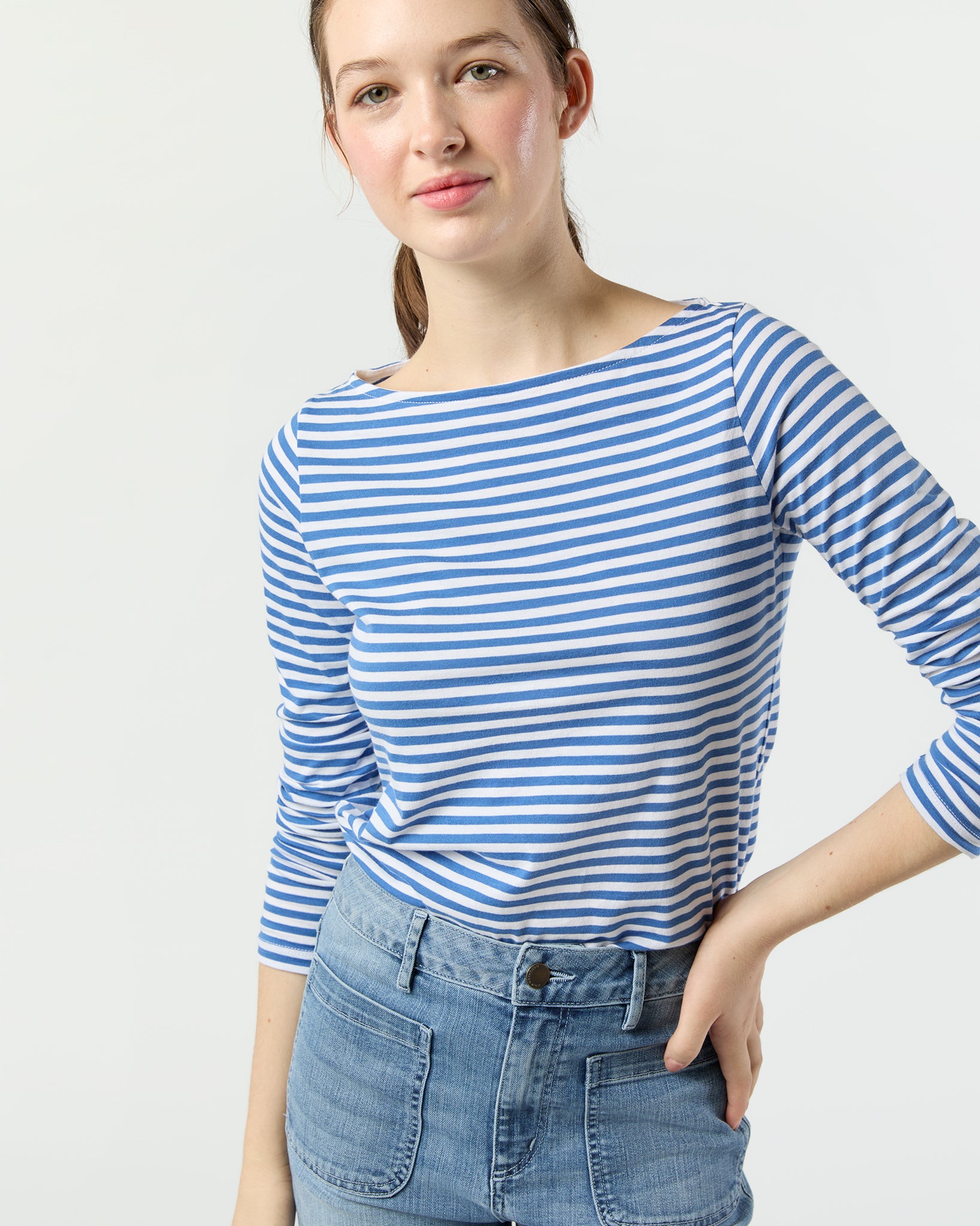 Long-Sleeved Boatneck Tee in Blue/White Stripe Pima Cotton