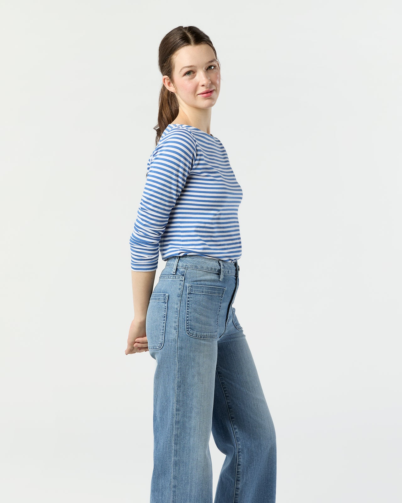 Long-Sleeved Boatneck Tee in Blue/White Stripe Pima Cotton