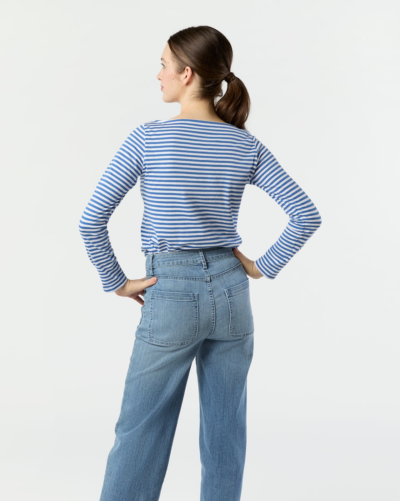 Long-Sleeved Boatneck Tee in Blue/White Stripe Pima Cotton